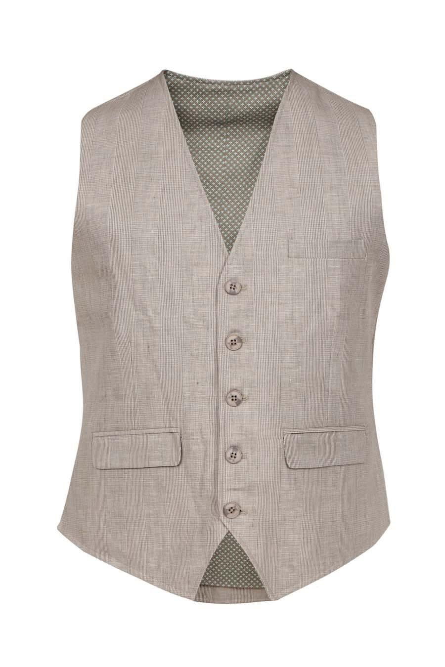 Light khaki V-neck waistcoat with four buttons and two flap pockets.