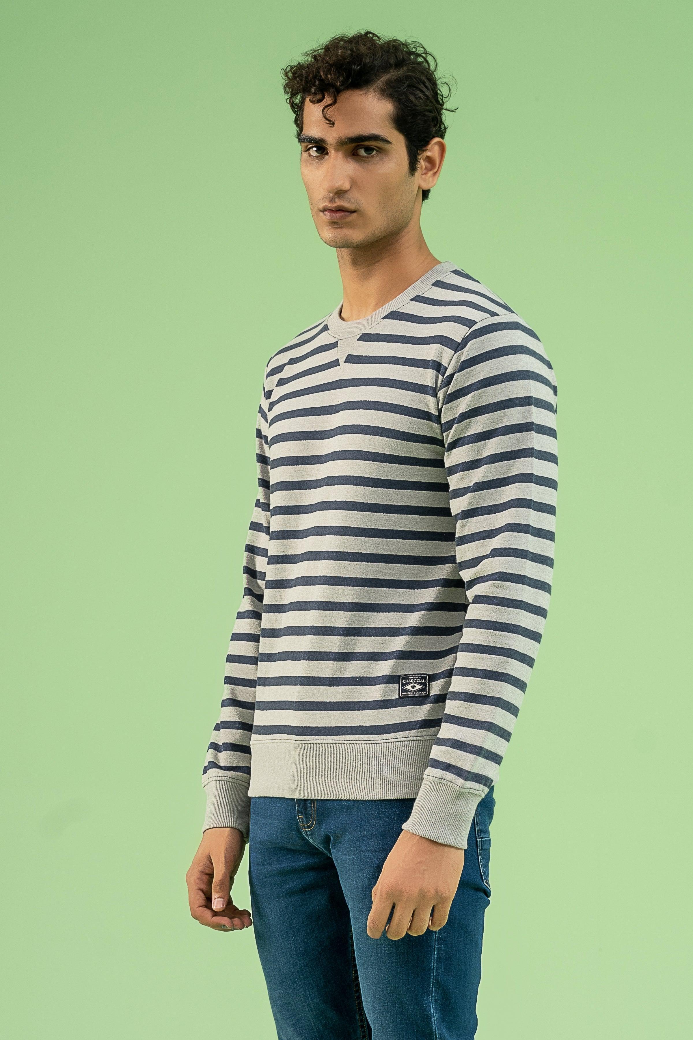YARN DYED TERRY SWEAT SHIRT GREY NAVY at Charcoal Clothing