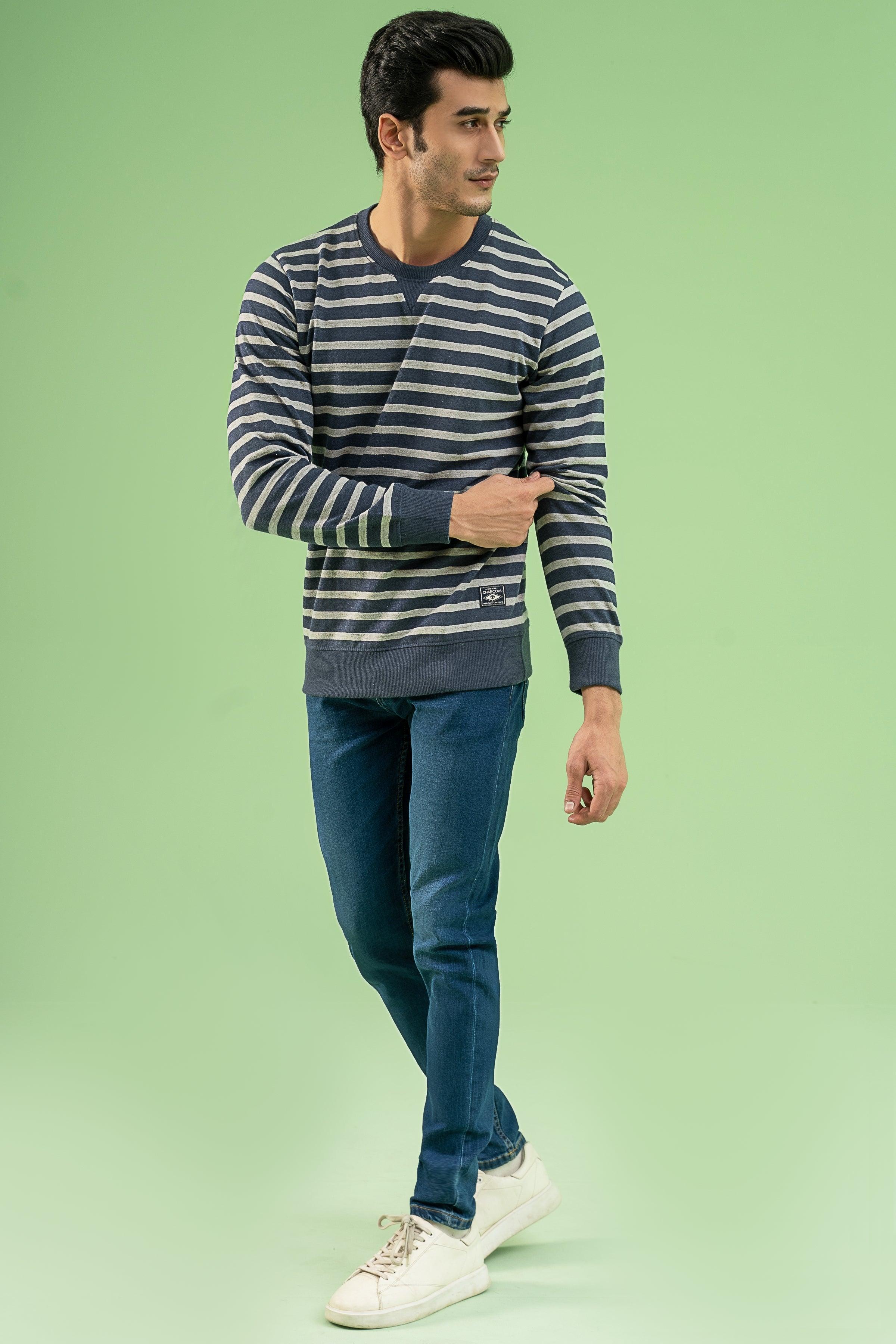 YARN DYED TERRY SWEAT SHIRT NAVY GREY at Charcoal Clothing