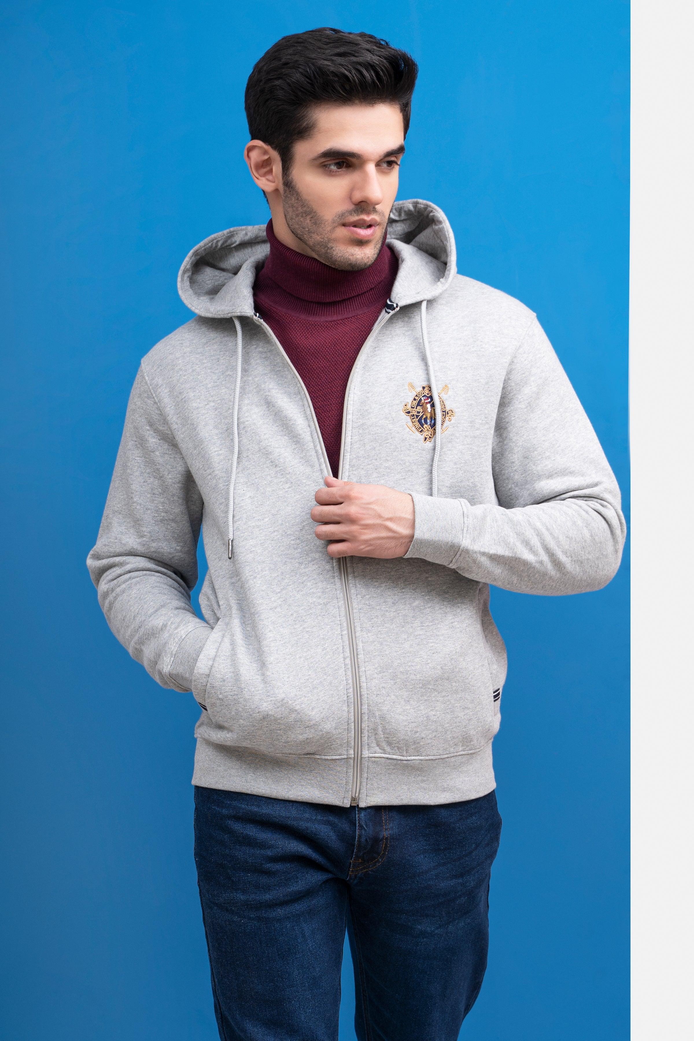 ZIPPER HOODIE FULL SLEEVE GREY HEATHER at Charcoal Clothing