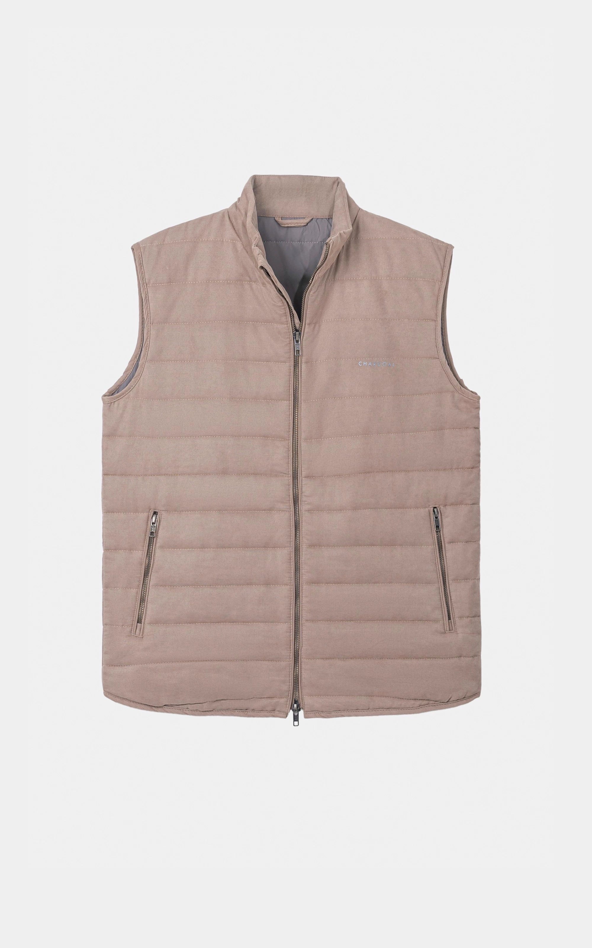 SLIM FIT SLEEVELESS QUILTED SUEDE JACKET BEIGE