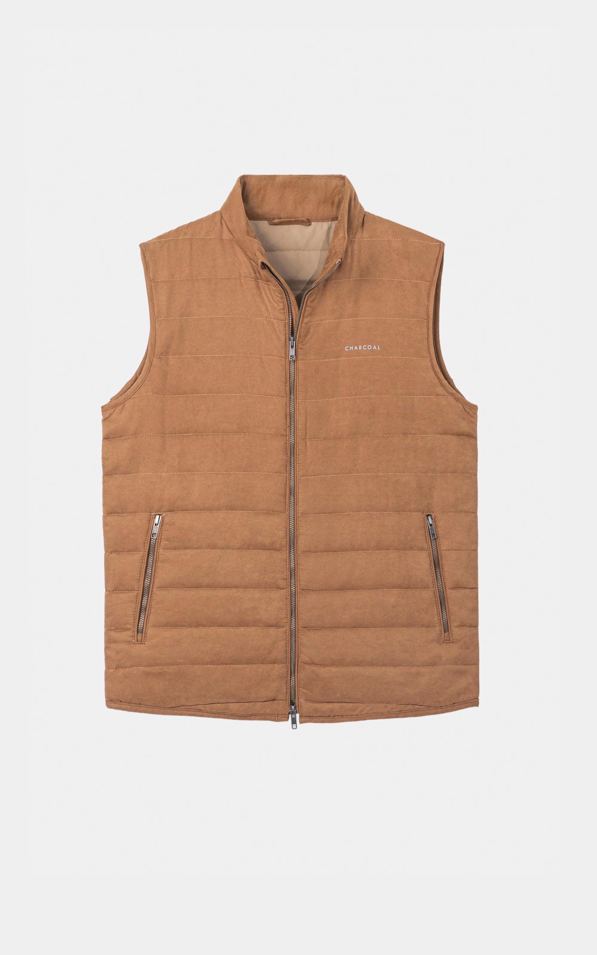 SLIM FIT SLEEVELESS QUILTED SUEDE JACKET KHAKI