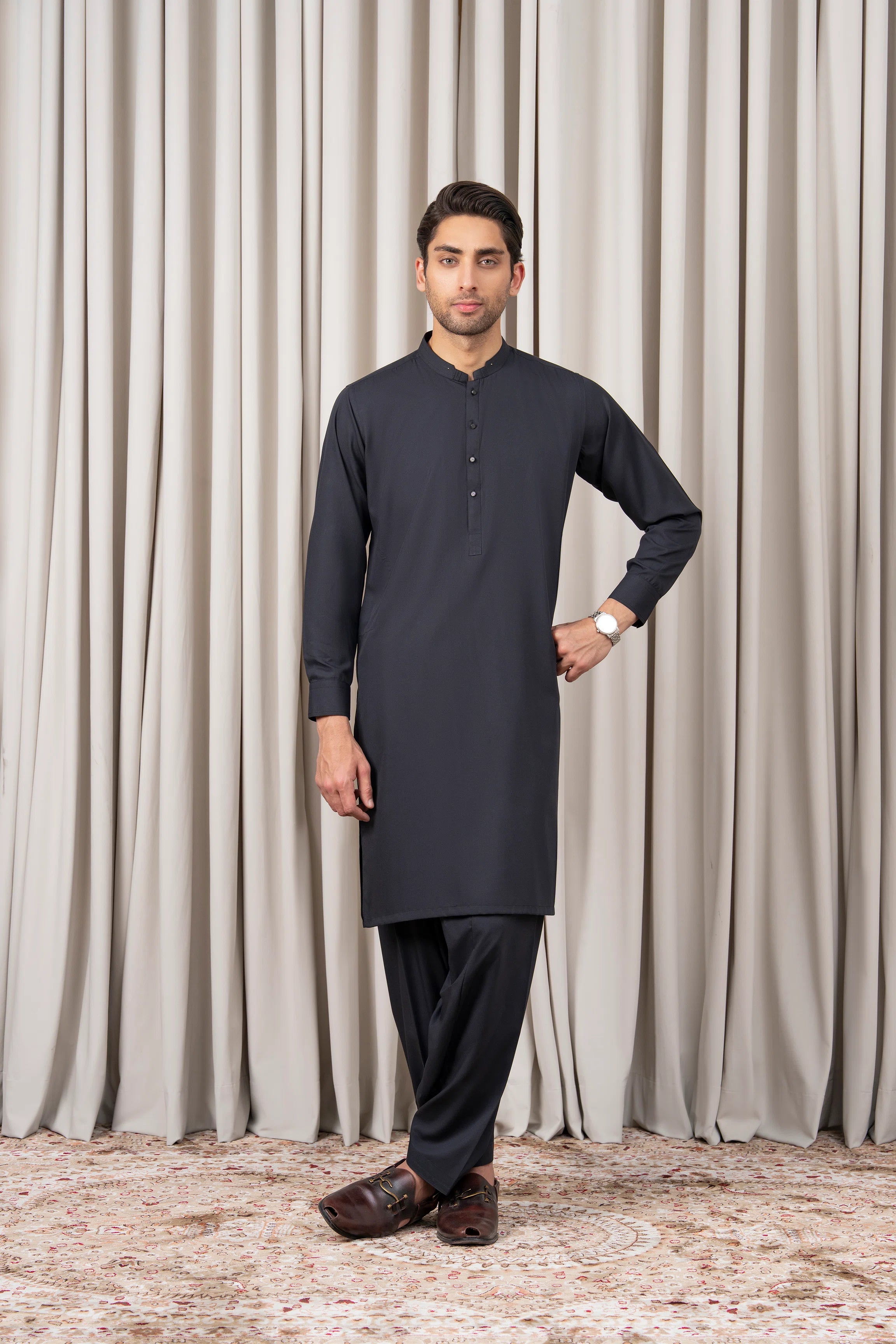 TEXTURED BLENDED KAMEEZ SHALWAR - SIGNATURE COLLECTION BLACK