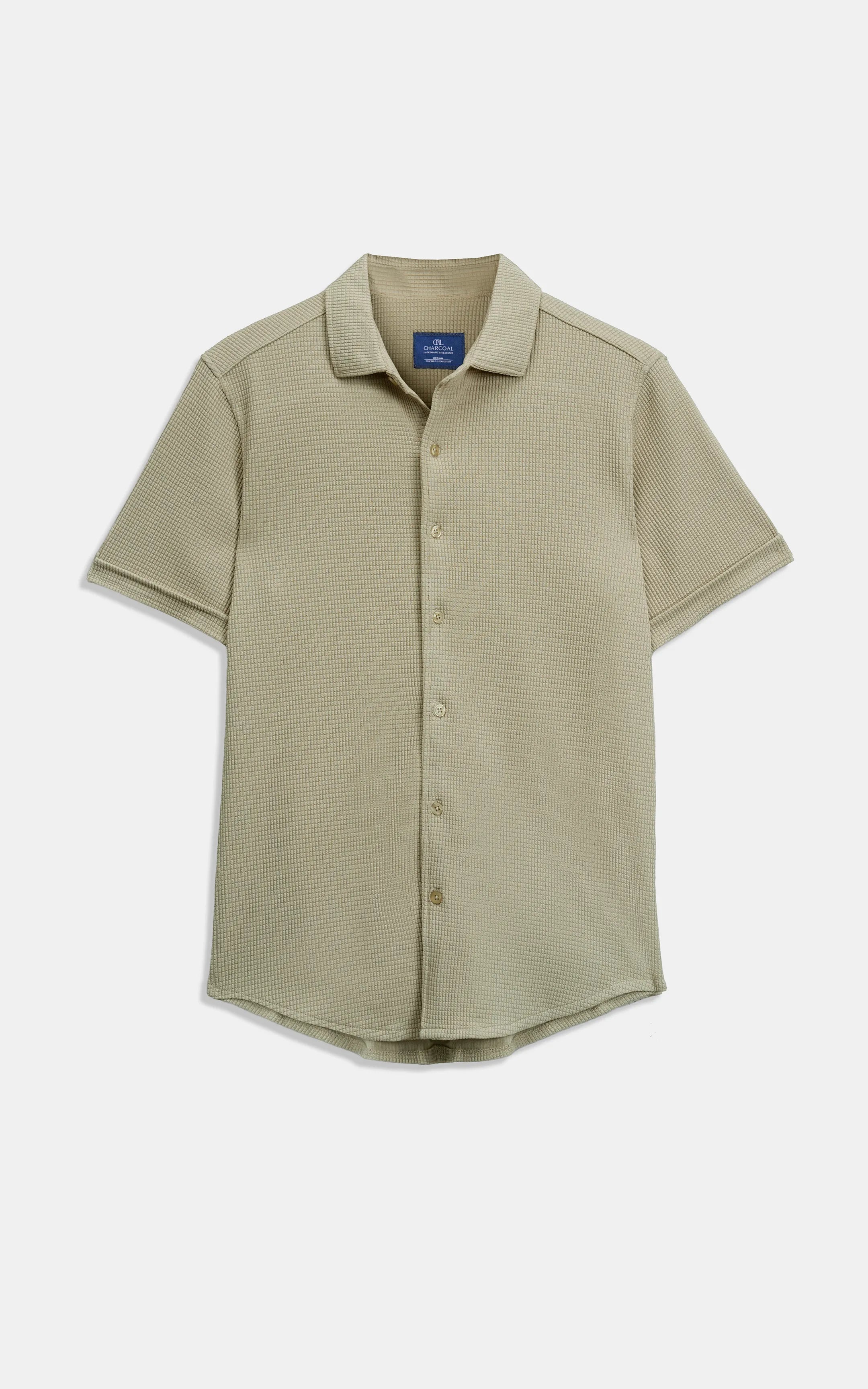 Khaki self-textured casual short-sleeve button-up shirt on a neutral background