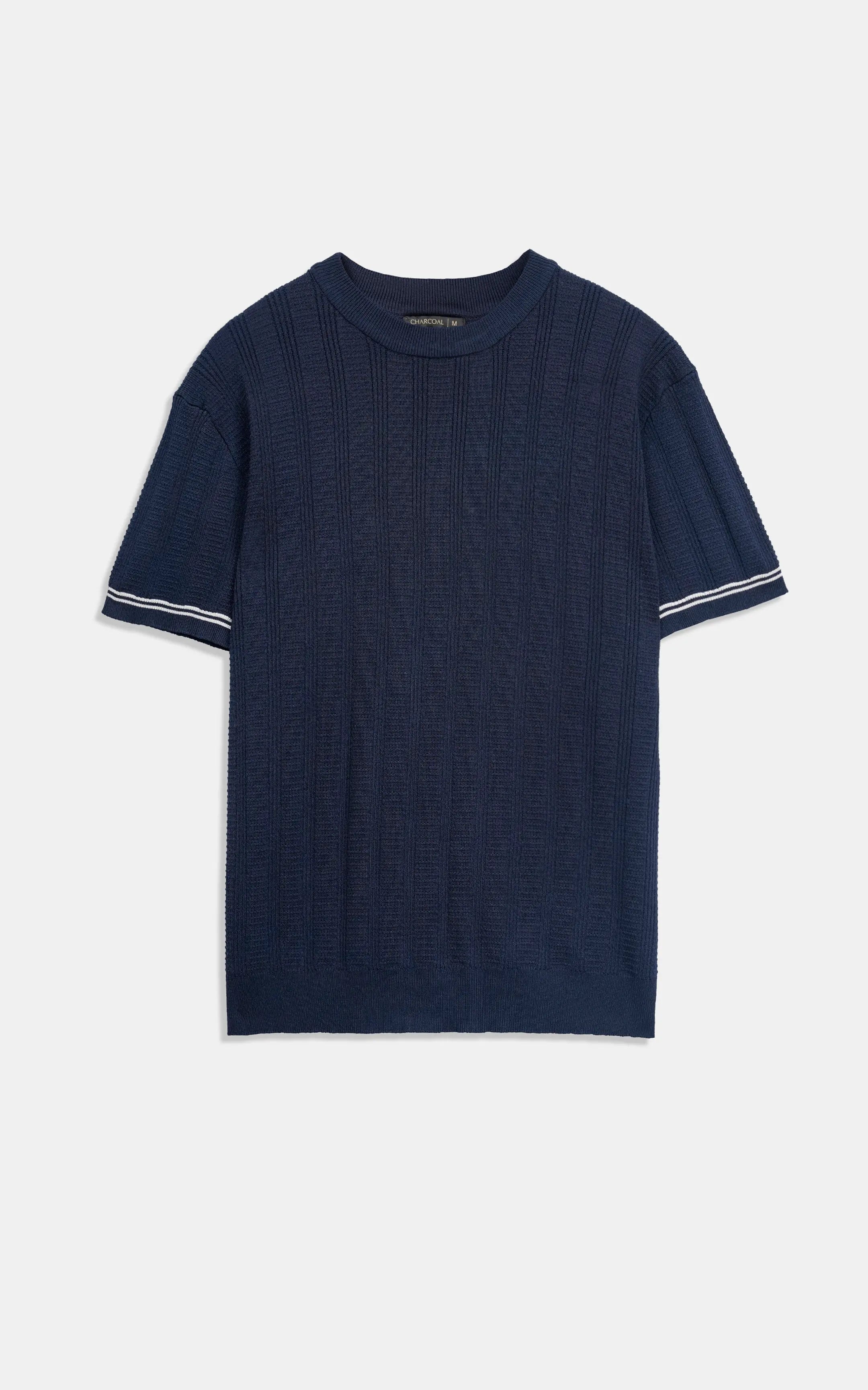 CABLE KNIT SELF TEXTURED CREW NECK T-SHIRT NAVY