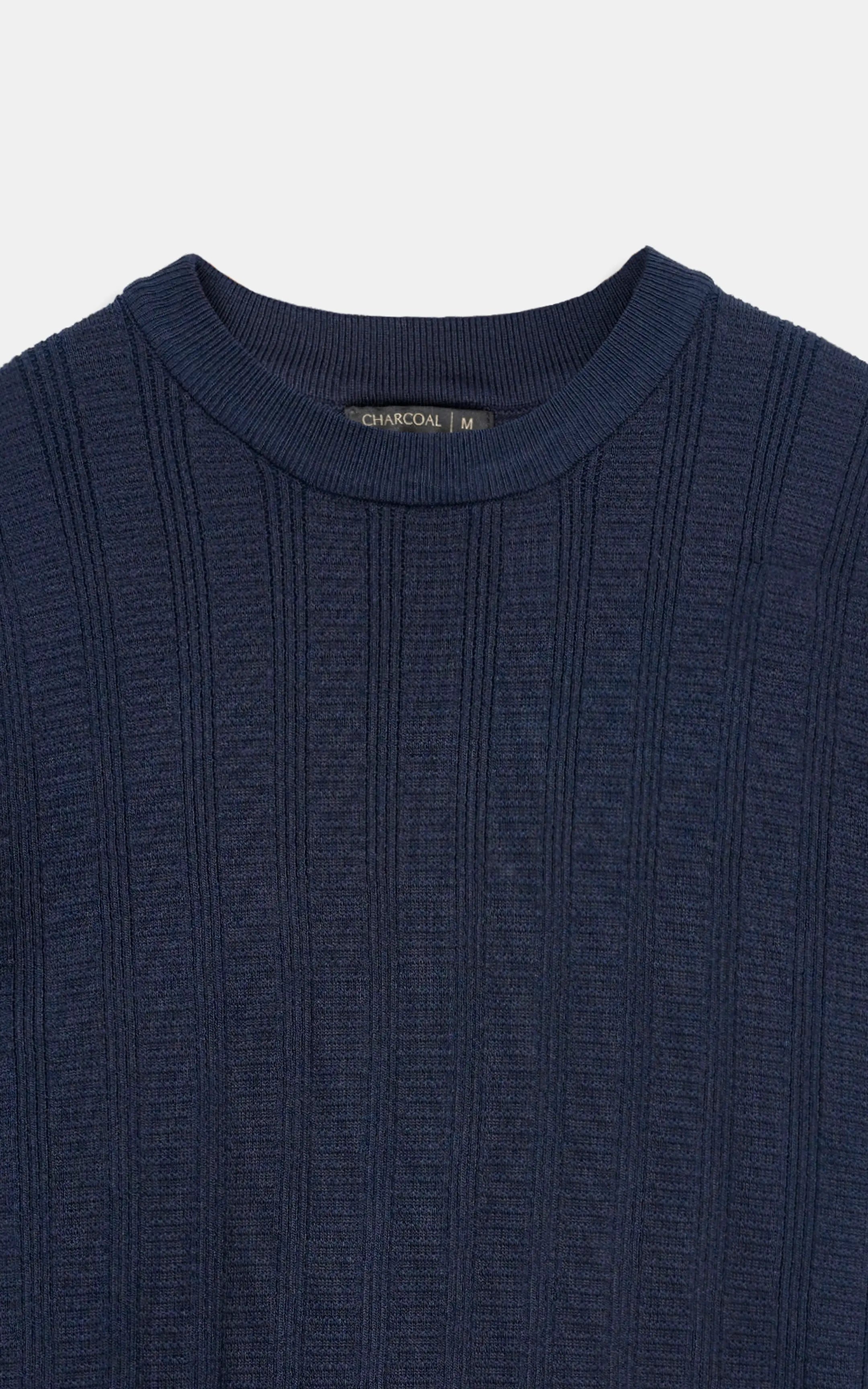 CABLE KNIT SELF TEXTURED CREW NECK T-SHIRT NAVY