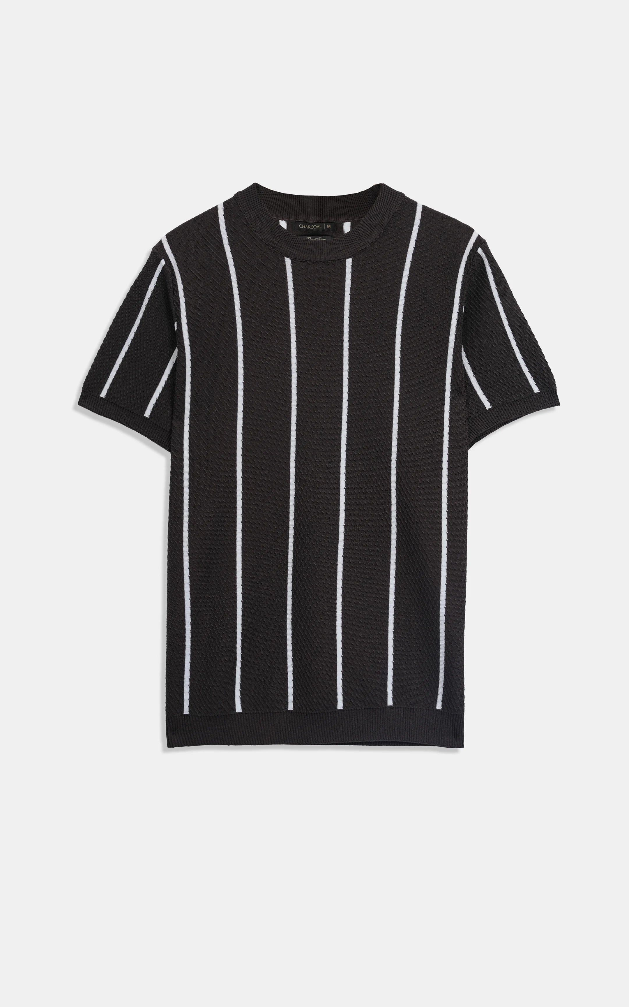SWEATER KNIT SELF STRIPED CREW NECK T-SHIRT BROWN