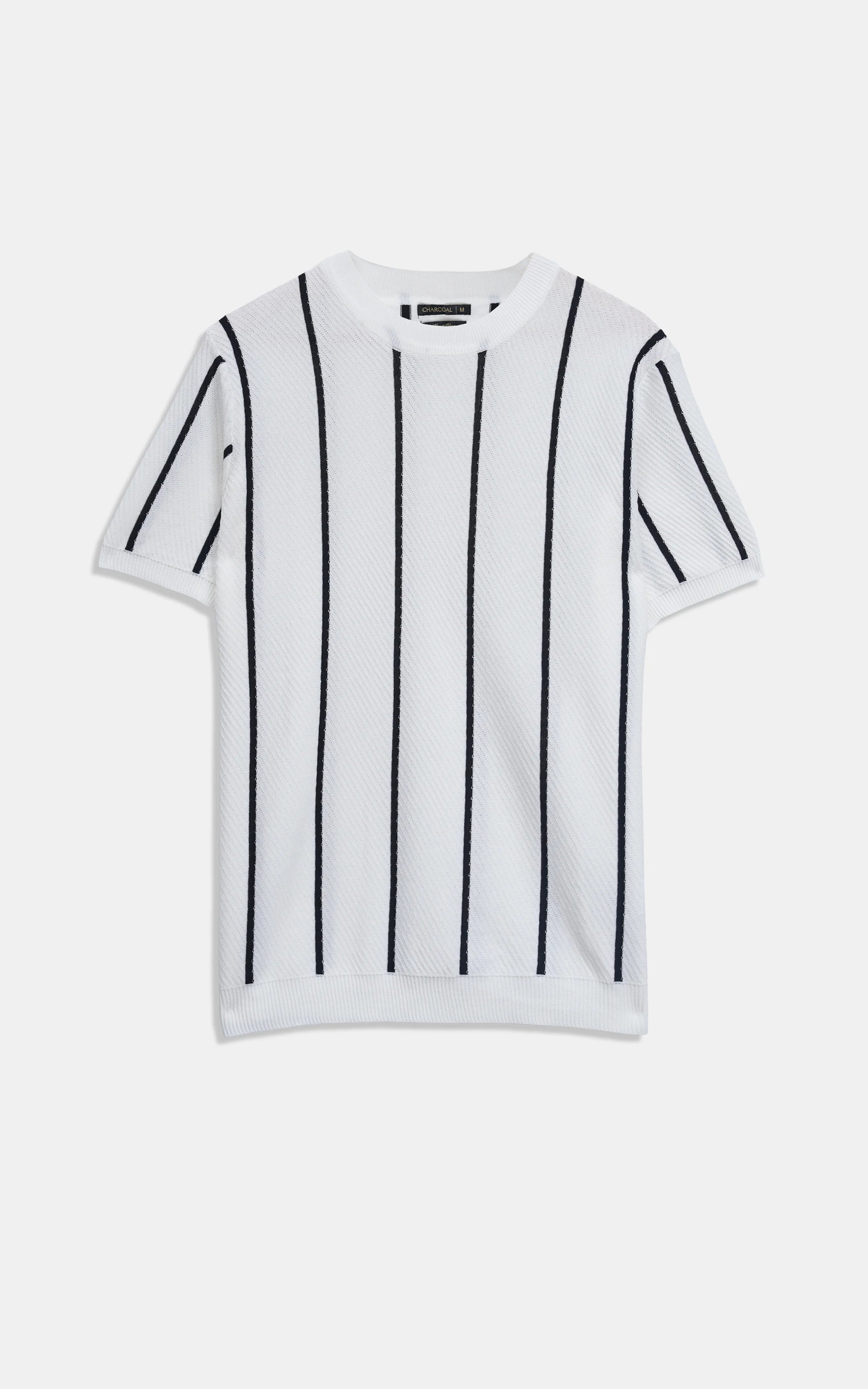 SWEATER KNIT SELF STRIPED CREW NECK T-SHIRT WHITE