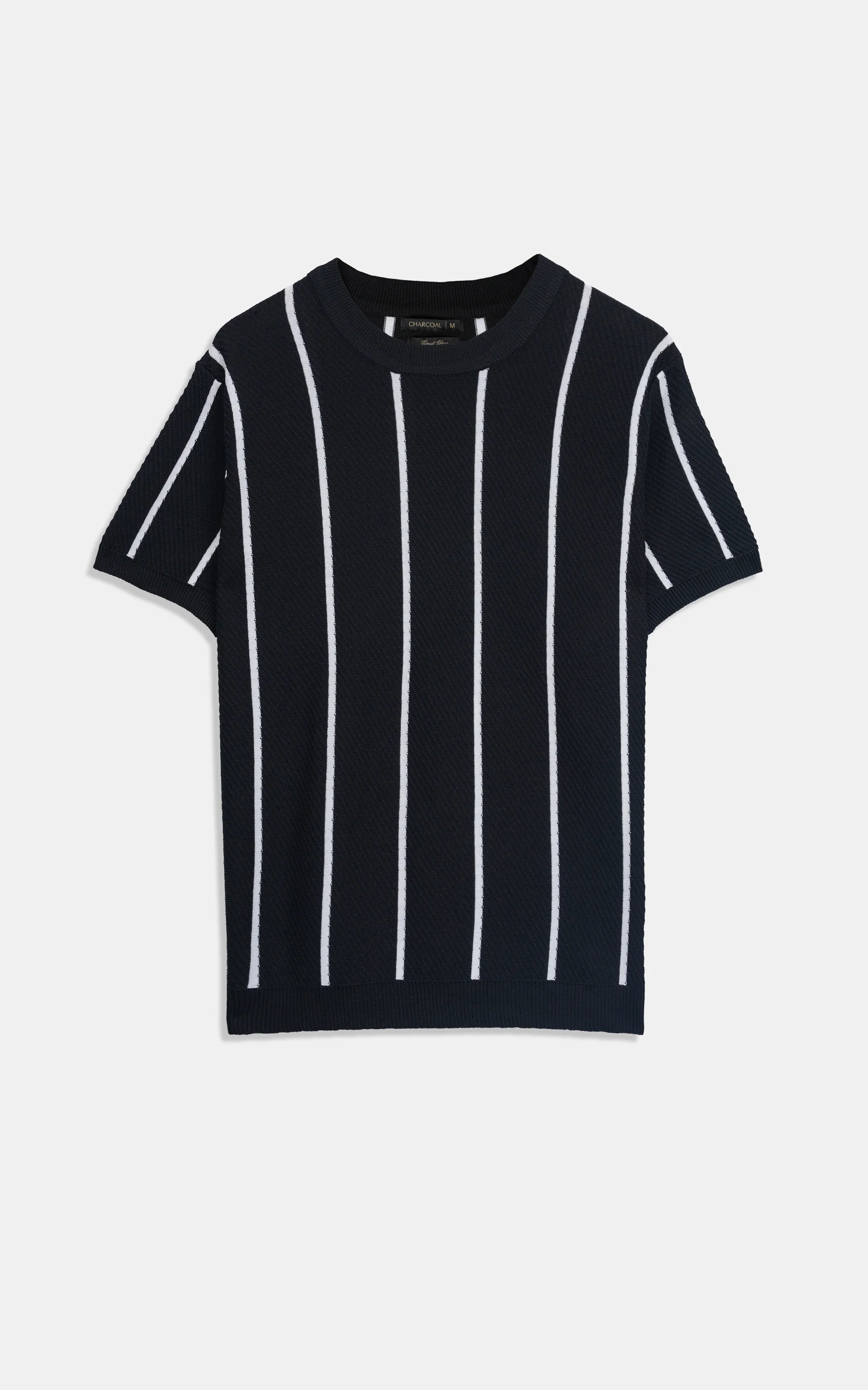 SWEATER KNIT SELF STRIPED CREW NECK T-SHIRT BLACK