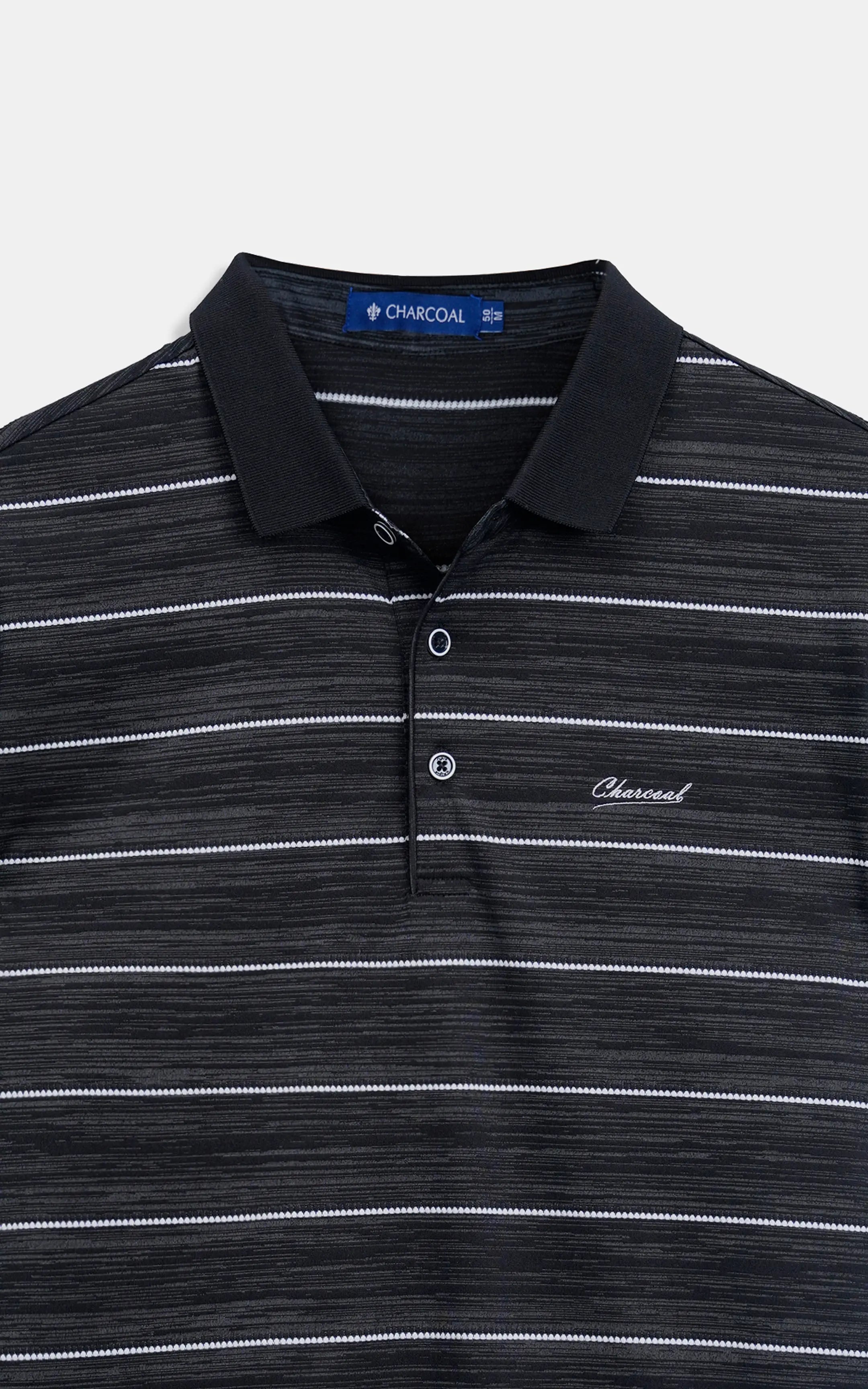 Close-up of men's black striped polo shirt collar with 2-button placket and logo