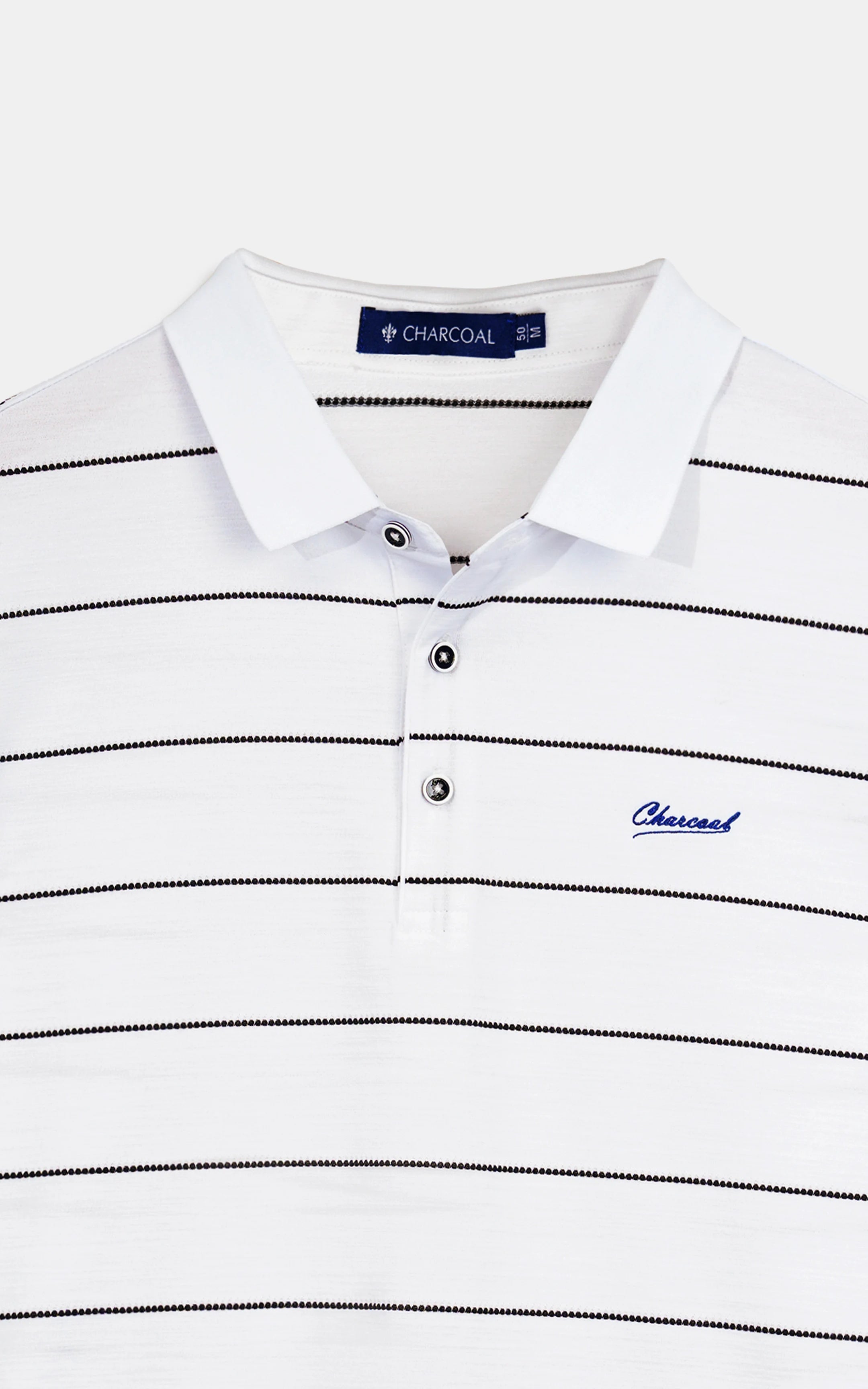 White striped polo shirt collar with buttons and chest logo