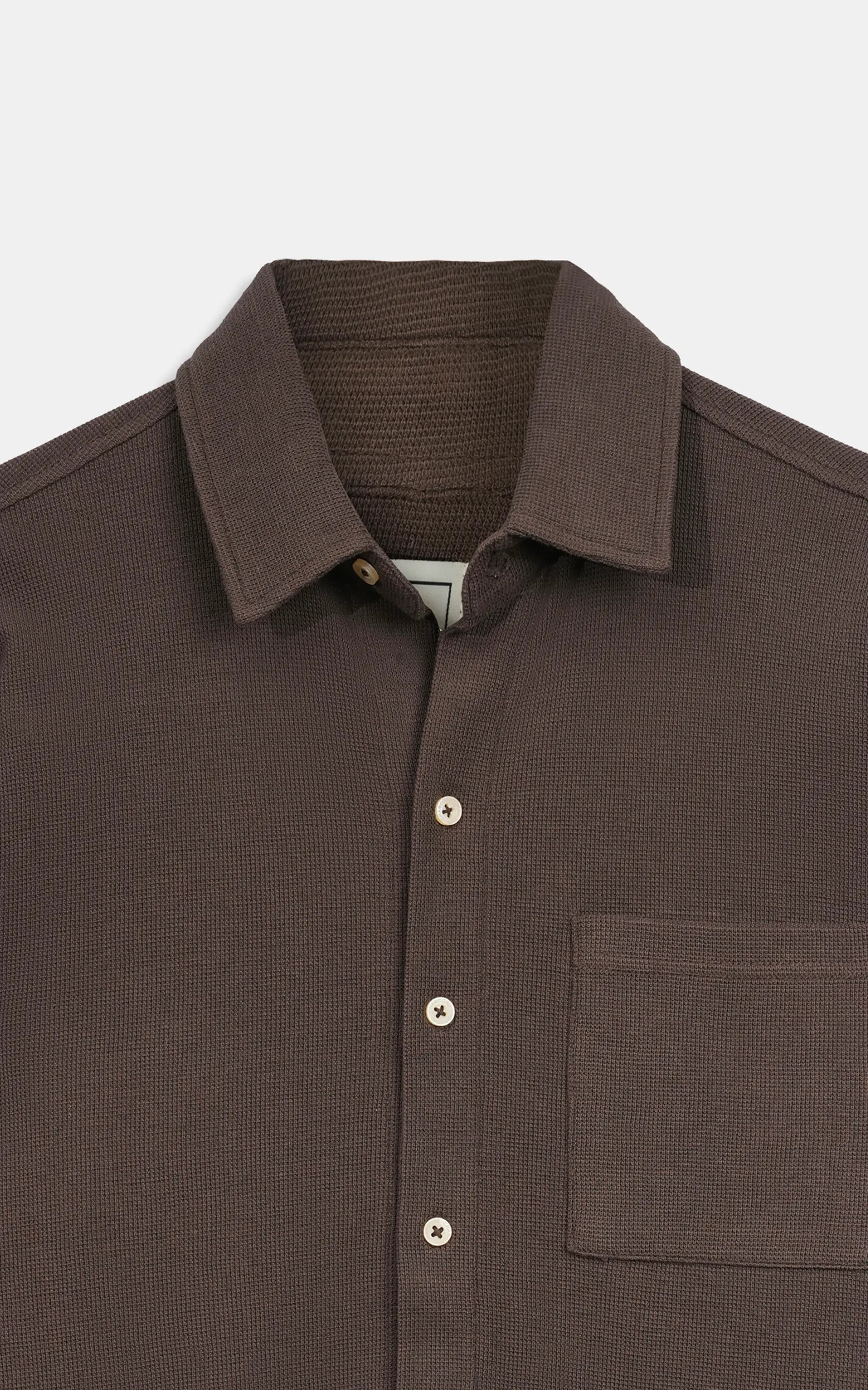 Brown knit shirt collar and button placket with chest pocket, short sleeves