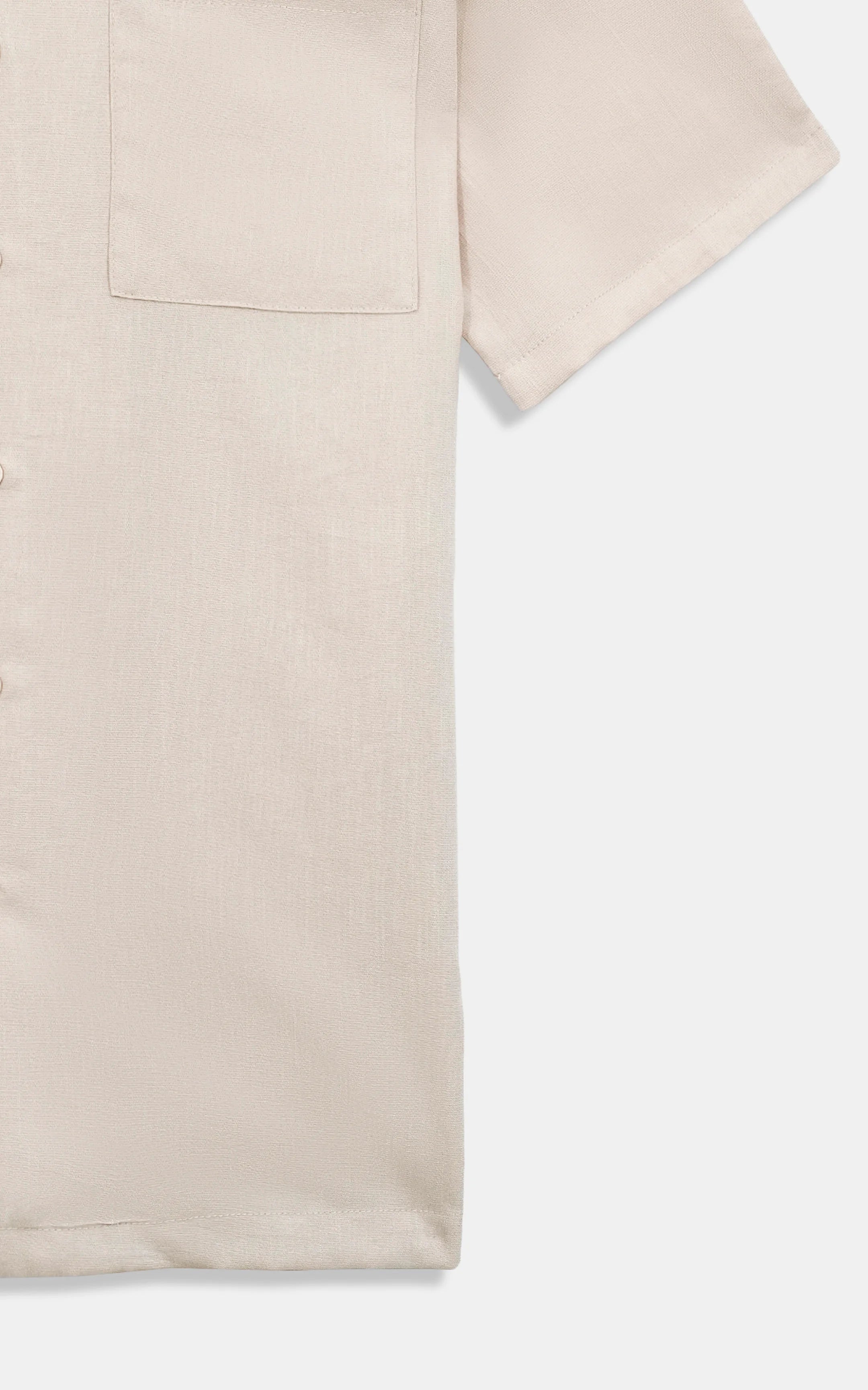Beige short-sleeve shirt front with button placket and chest pocket detail
