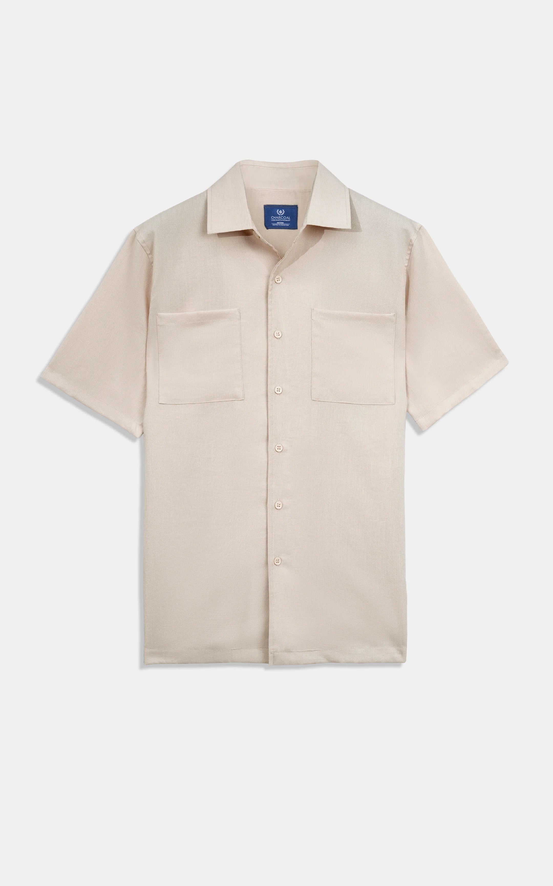 Beige short-sleeve casual shirt with regular collar and front button closure