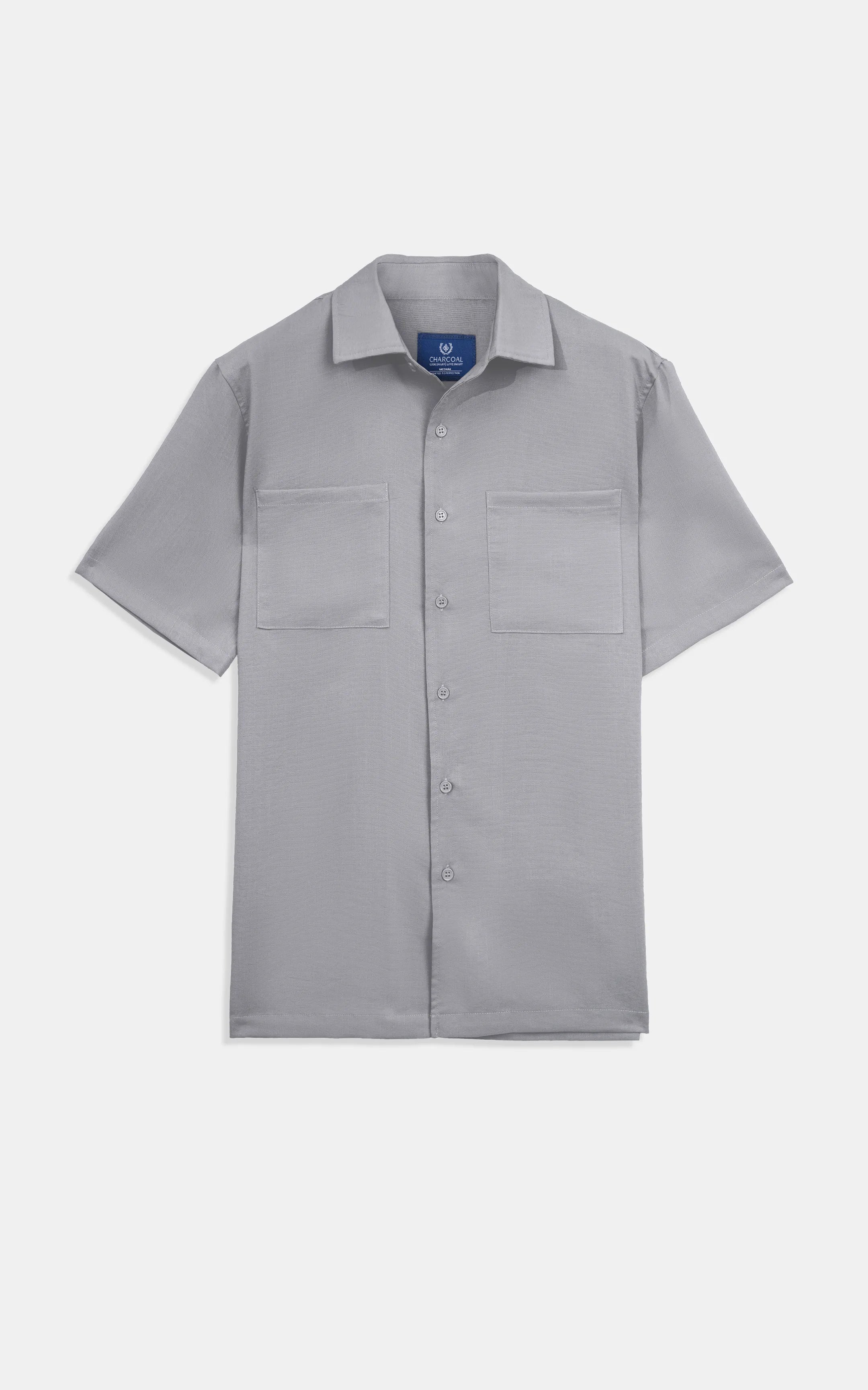 Light grey casual short-sleeve shirt on flat lay with regular collar and button front
