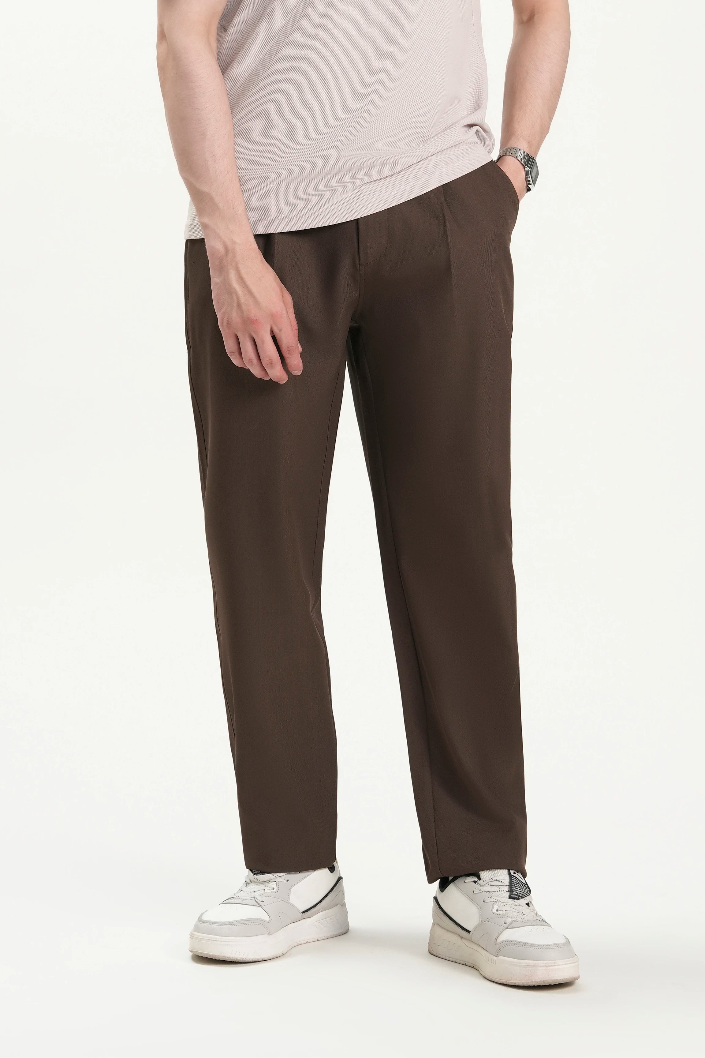 ELASTICATED WAIST CASUAL PANT DARK BROWN