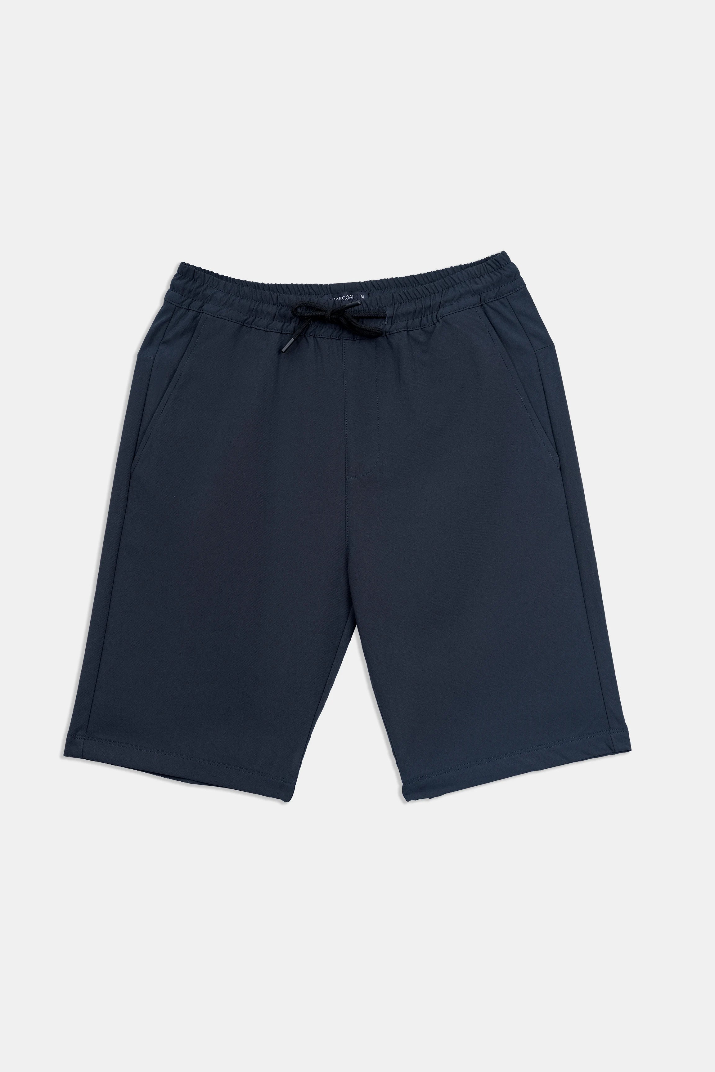 Navy regular-fit shorts, front view, elastic waist with drawstring