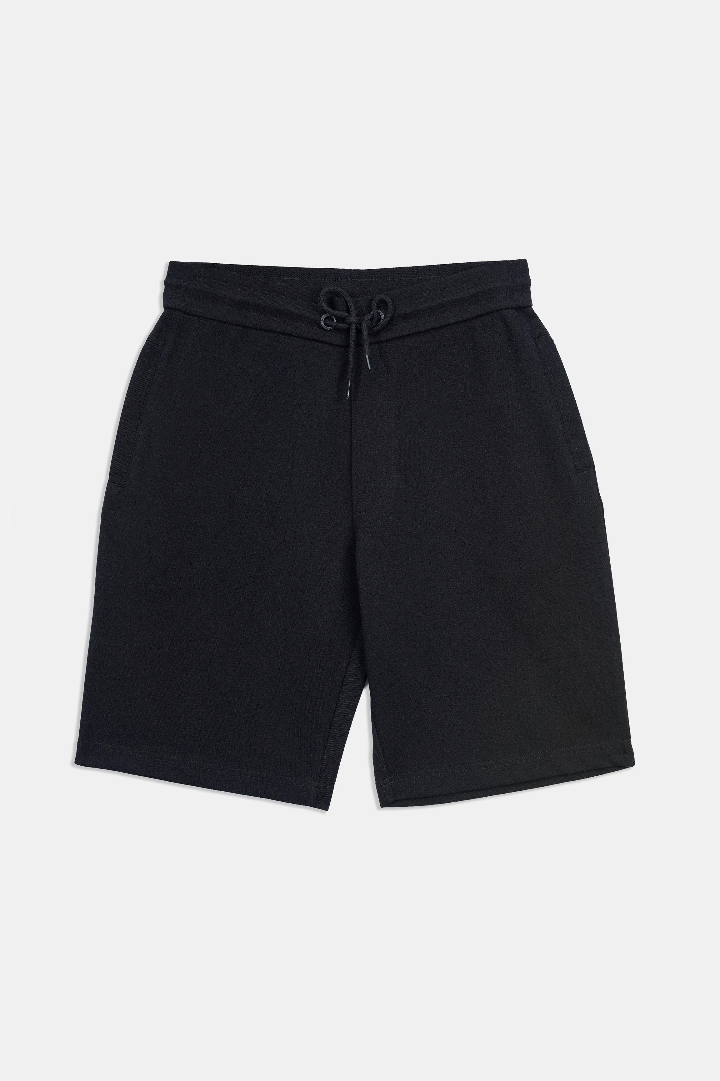 Black shorts with elastic waistband and drawstring, mid-thigh length
