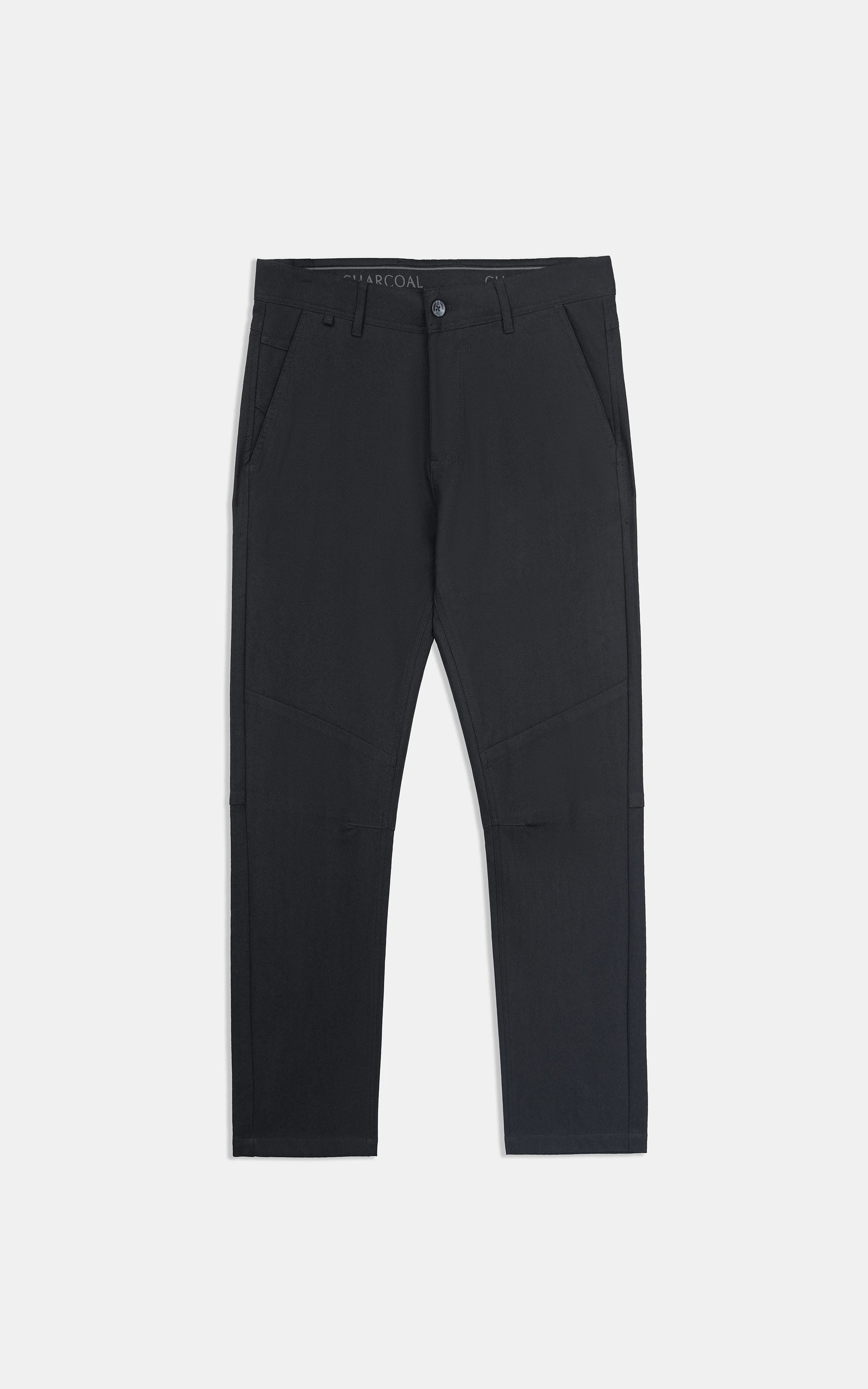 Black straight-fit travel pants, flat front with belt loops, button closure, straight leg