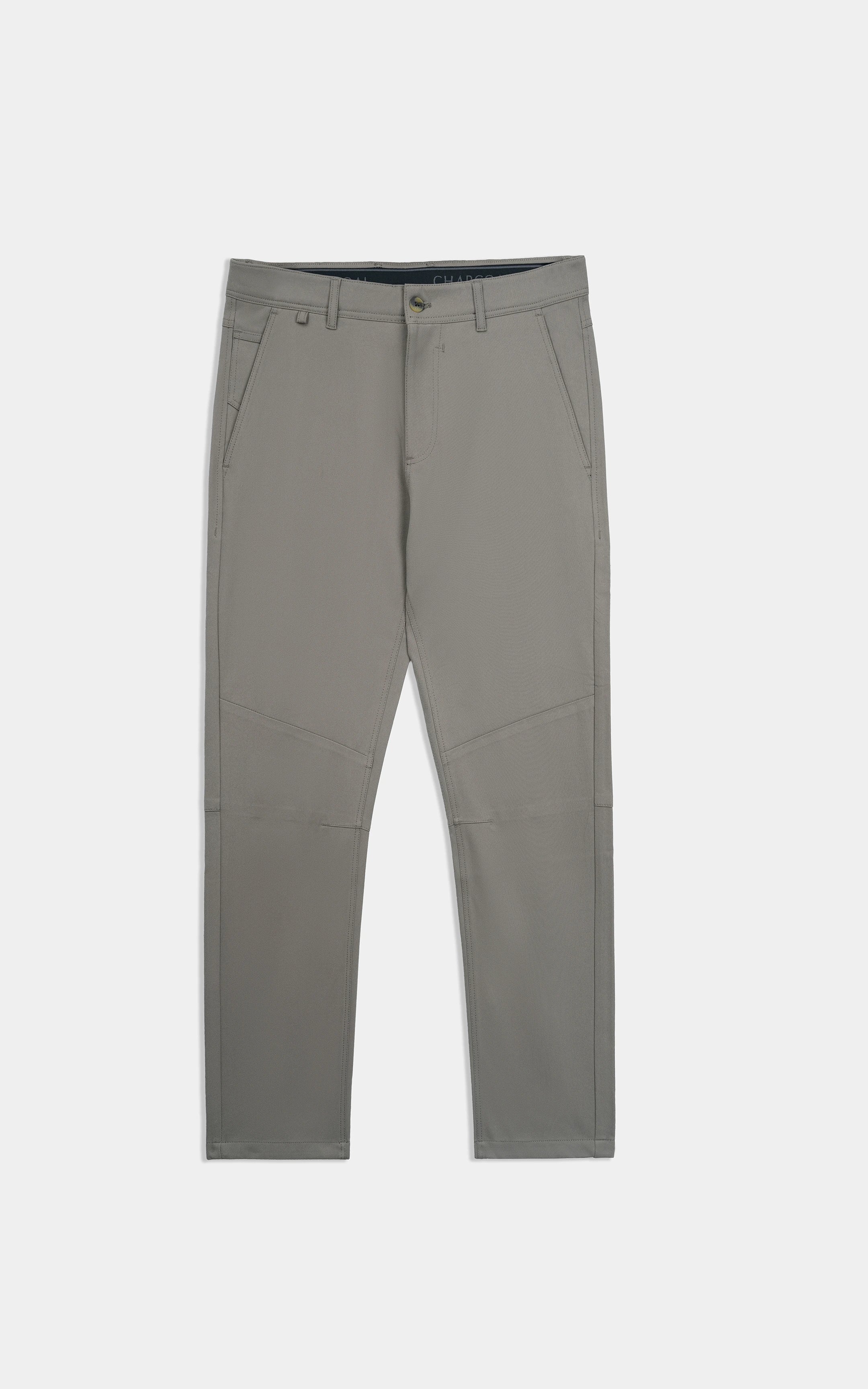 Straight-fit travel pants in light brown, flat lay front view with belt loops and zip fly.