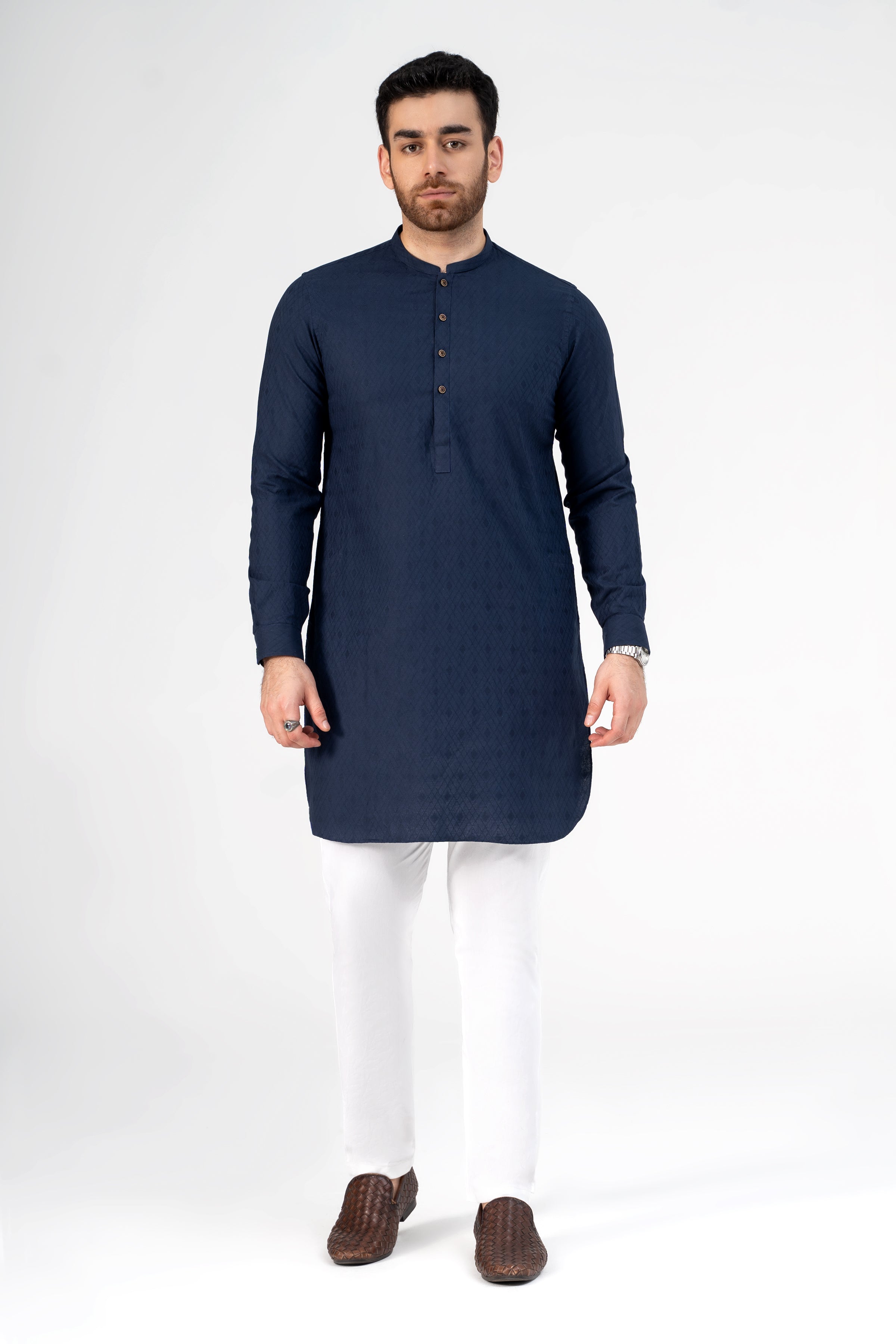 SELF JACQUARD KURTA NAVY