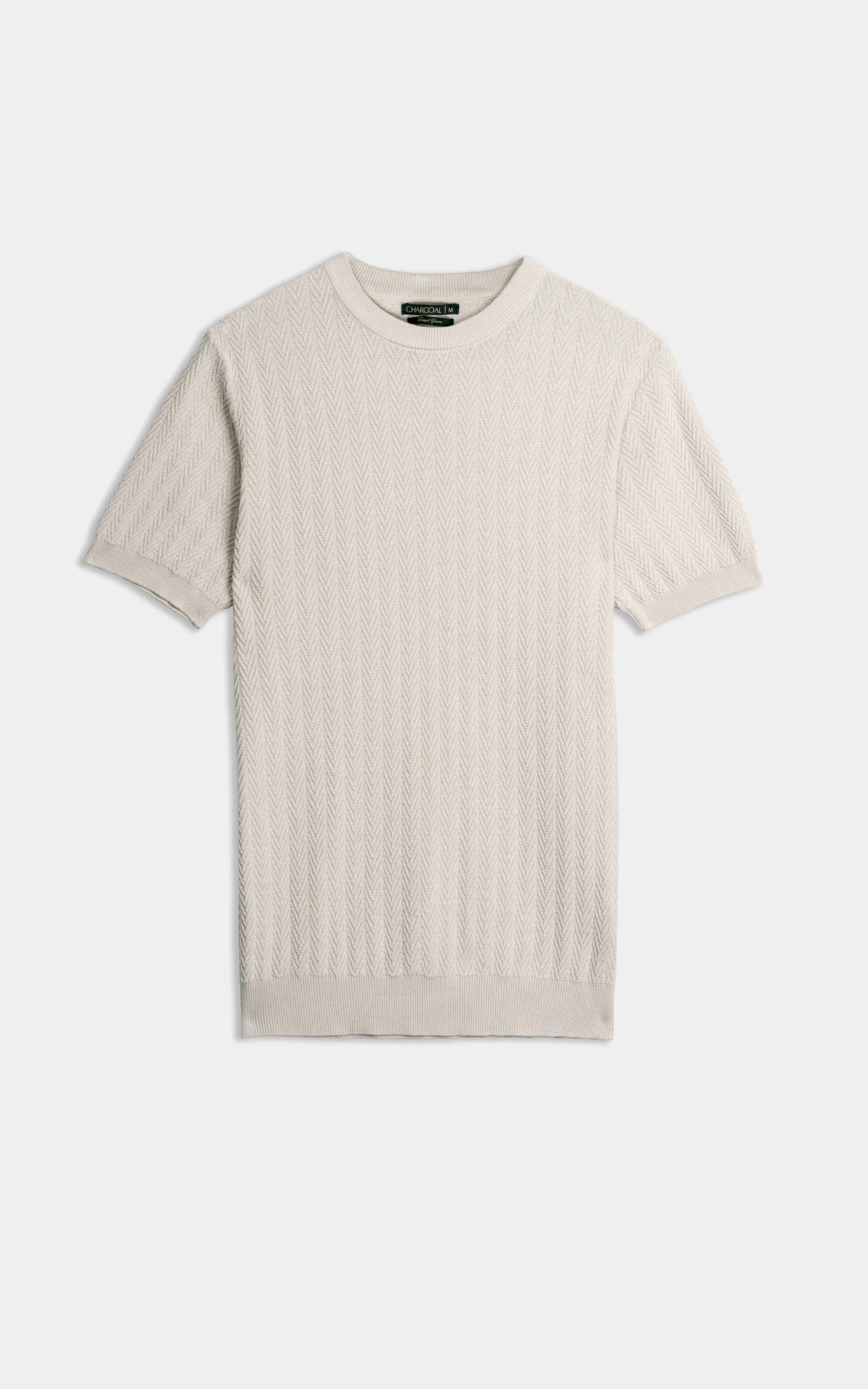 SWEATER KNIT SELF STRIPED CREW  NECK T SHIRT BEIGE