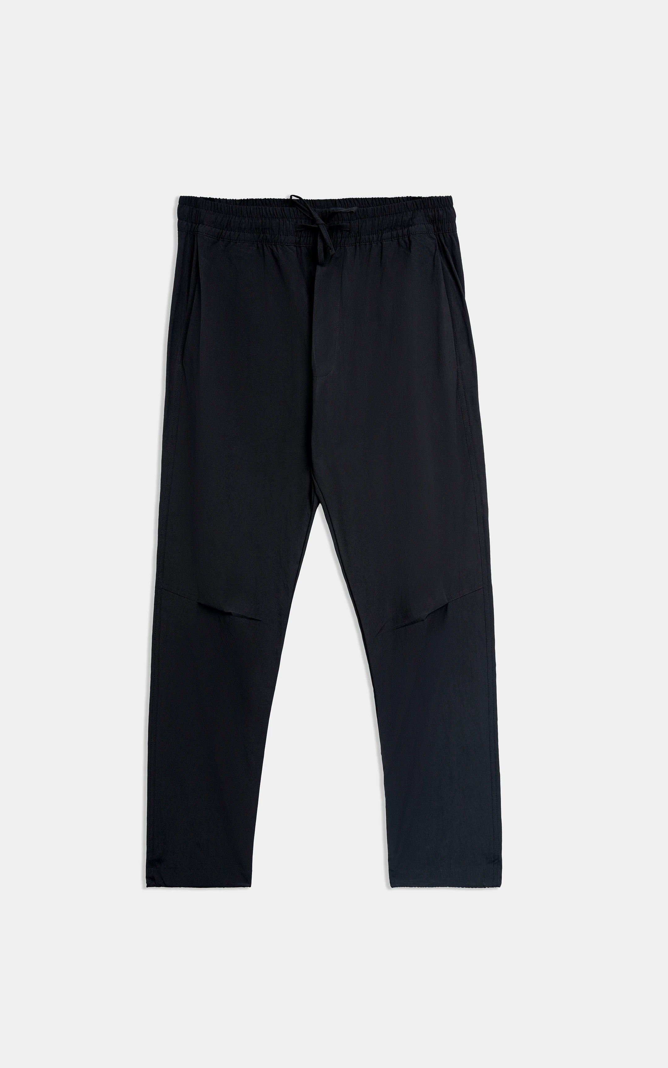 Black loose-fit casual trousers with elastic drawstring waistband and straight leg