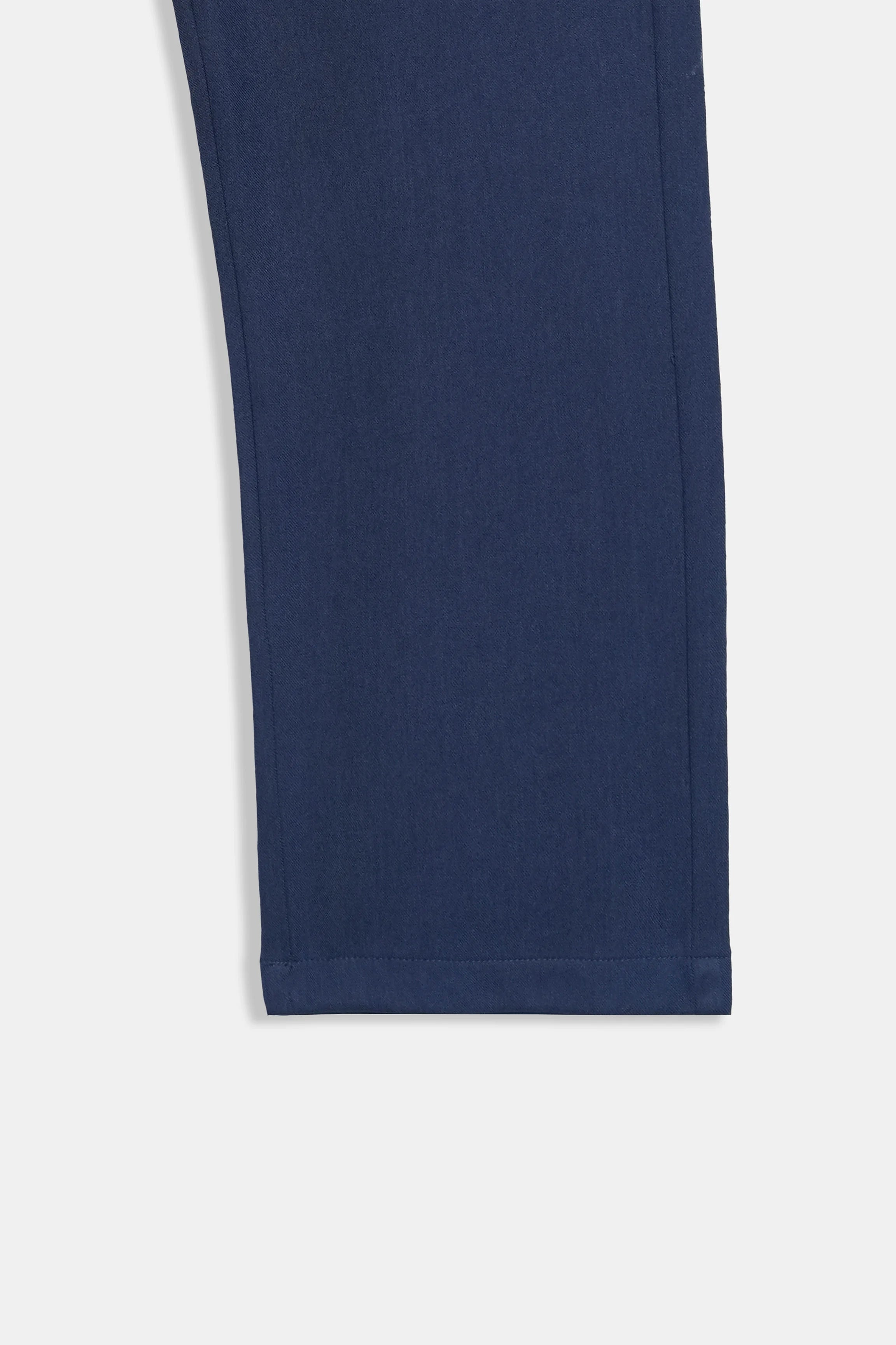 Blue straight-leg casual pants fabric close-up with straight hem
