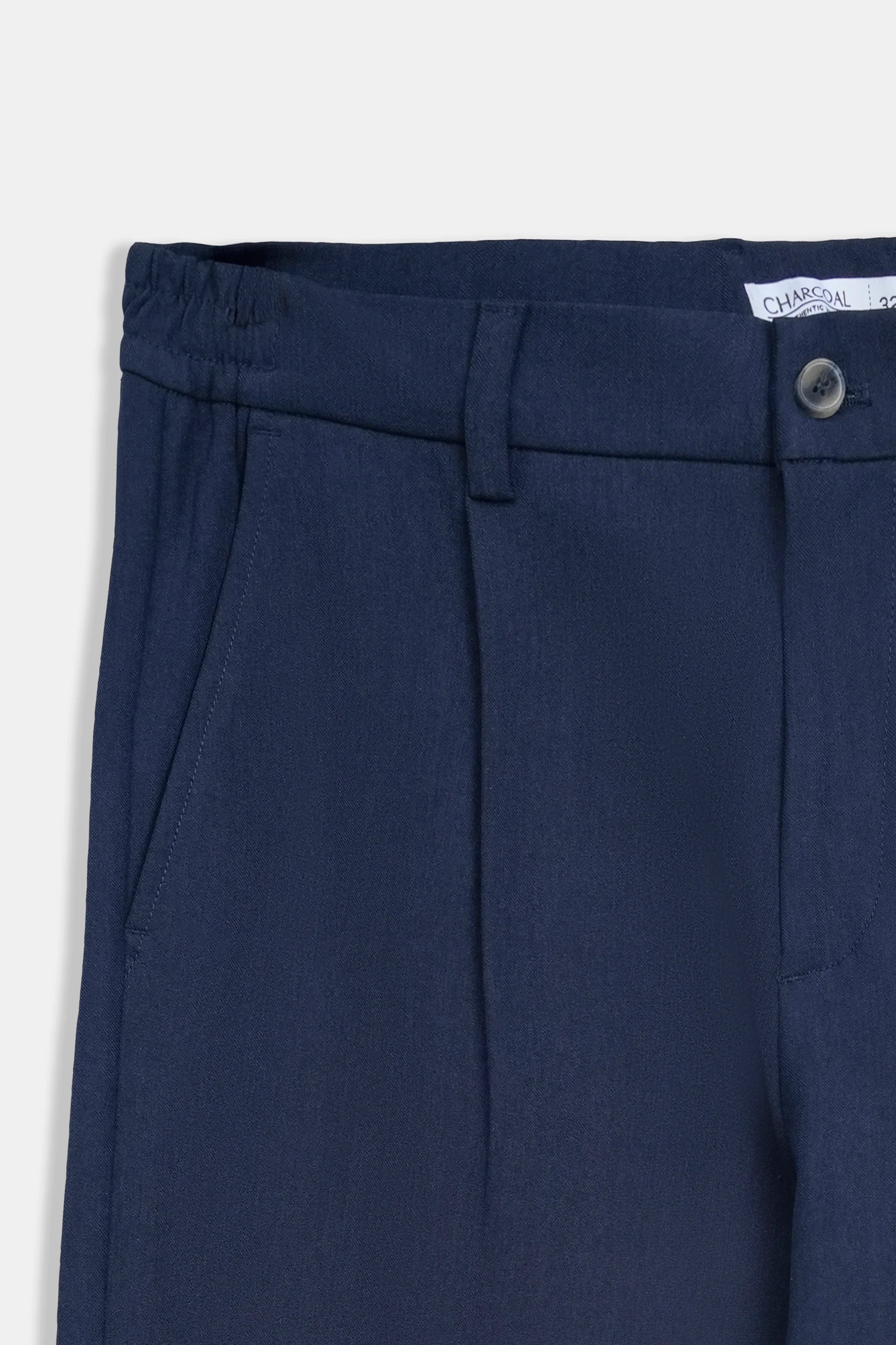 Blue straight-leg casual pants waistband detail with pleats and belt loops