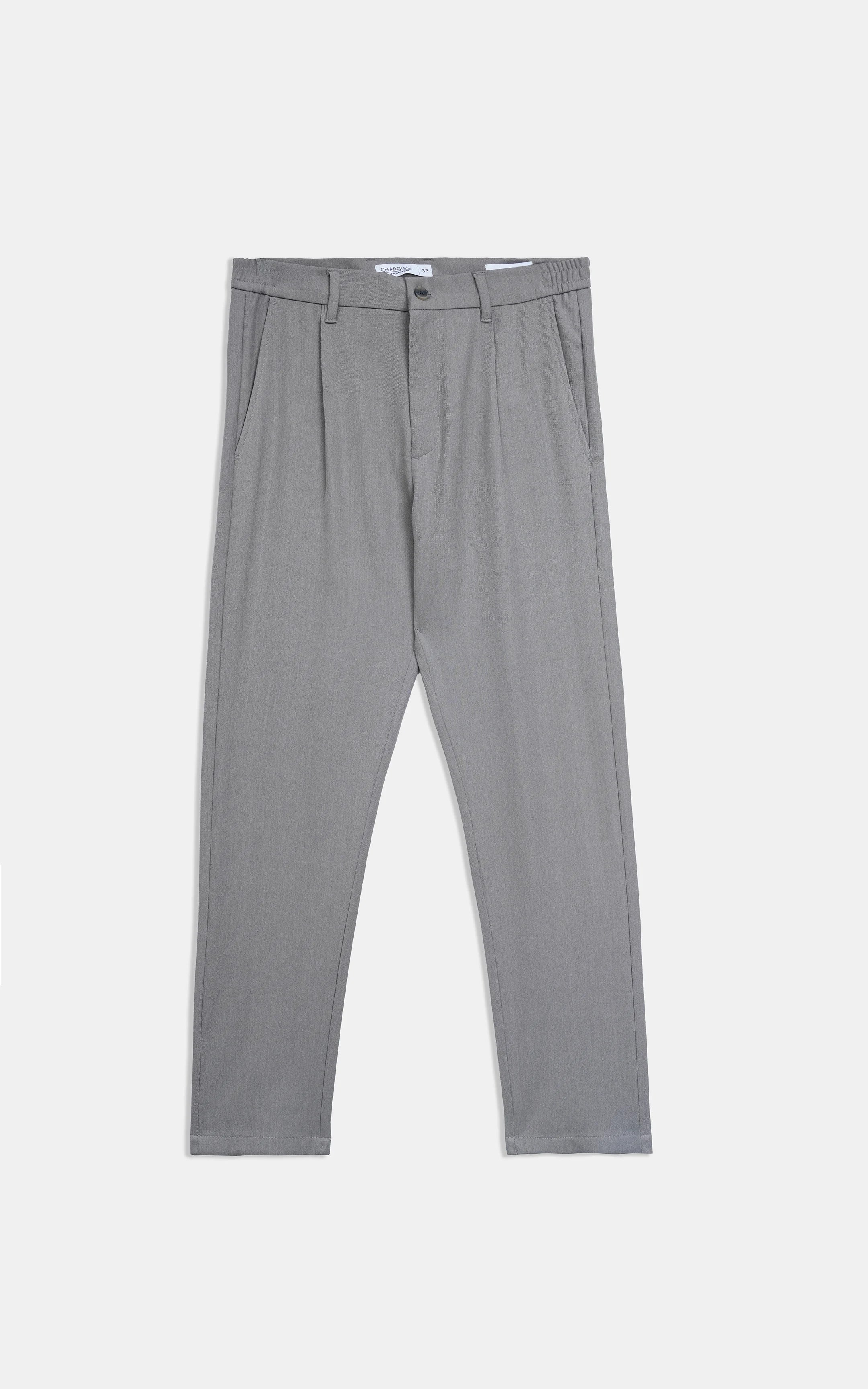 Grey straight-fit casual pants, full view with belt loops and button closure