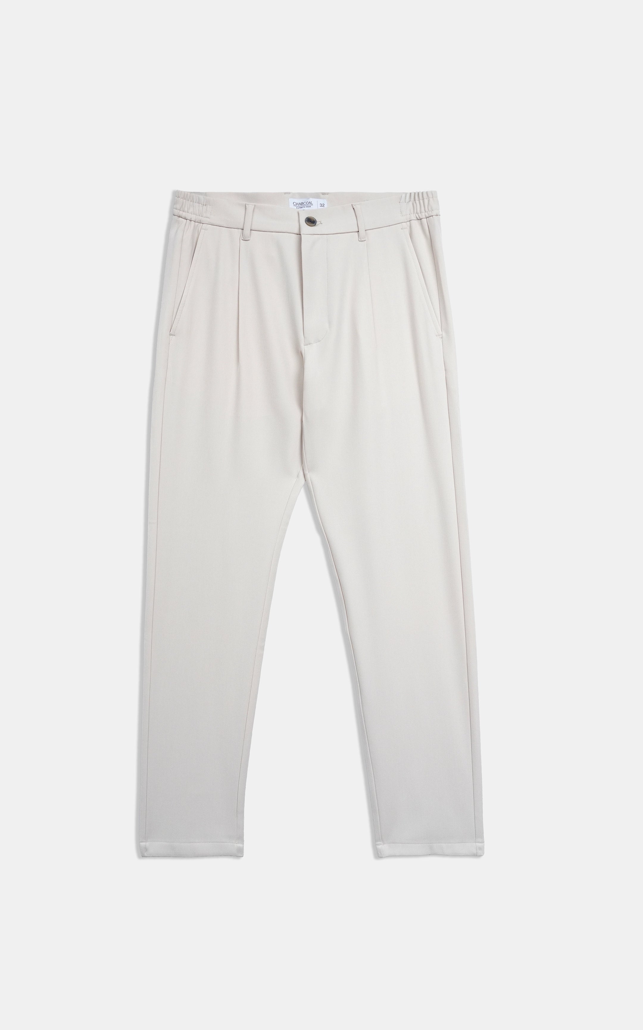 Beige straight-fit casual pants, full front view with buttoned fly