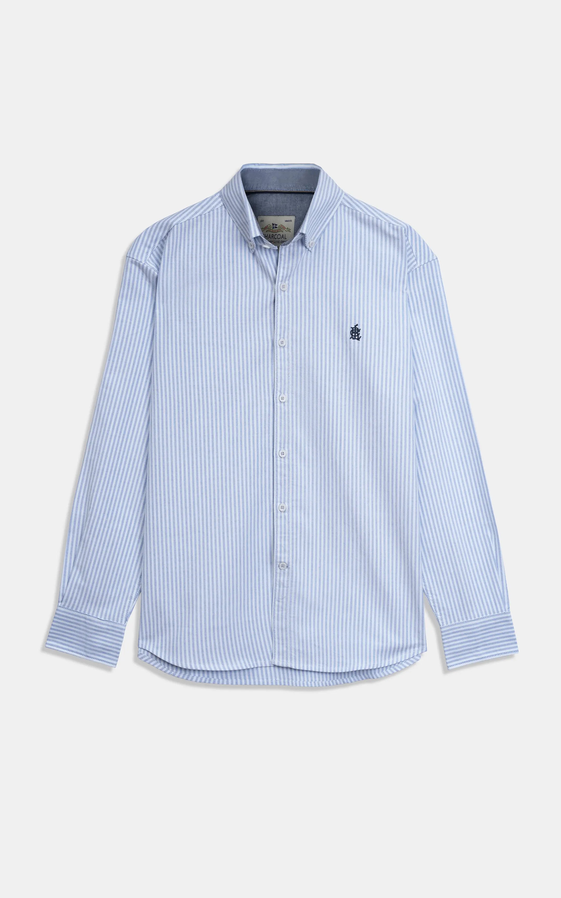 Men's light blue striped button-down casual shirt, spread collar and chest logo