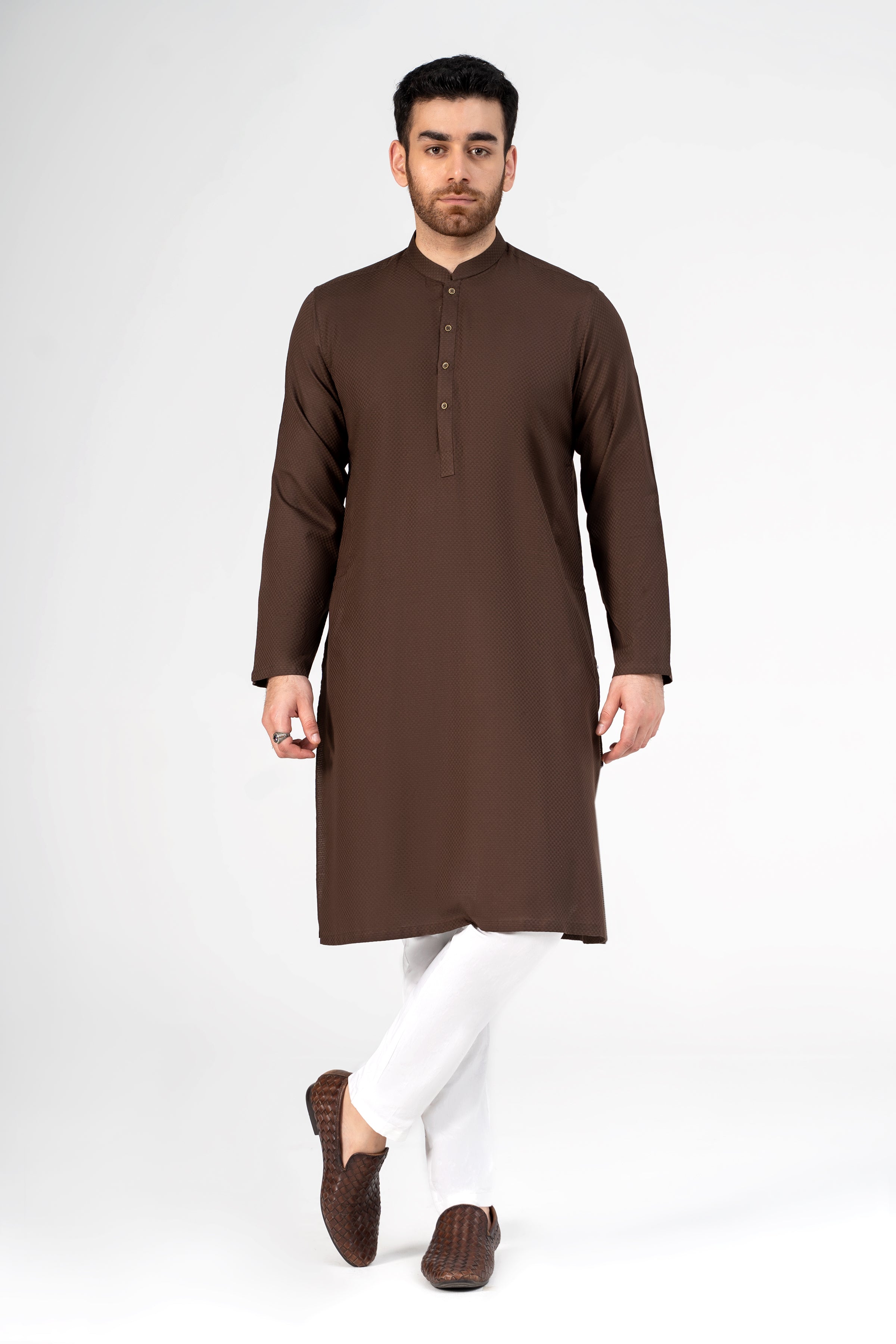 SELF DOBBY KURTA DARK BROWN