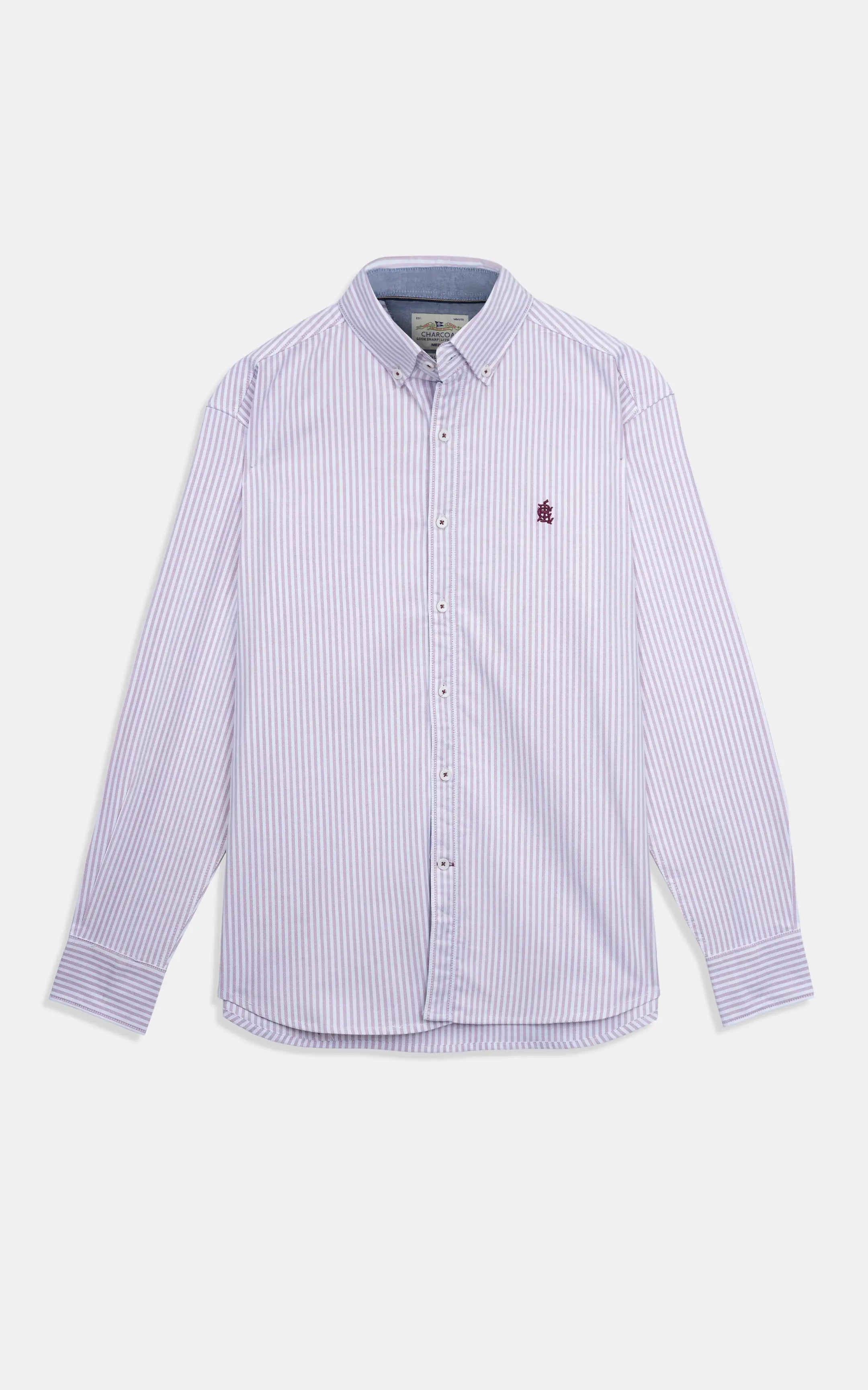 Pink striped button-down casual shirt, long sleeve, button front, flat lay