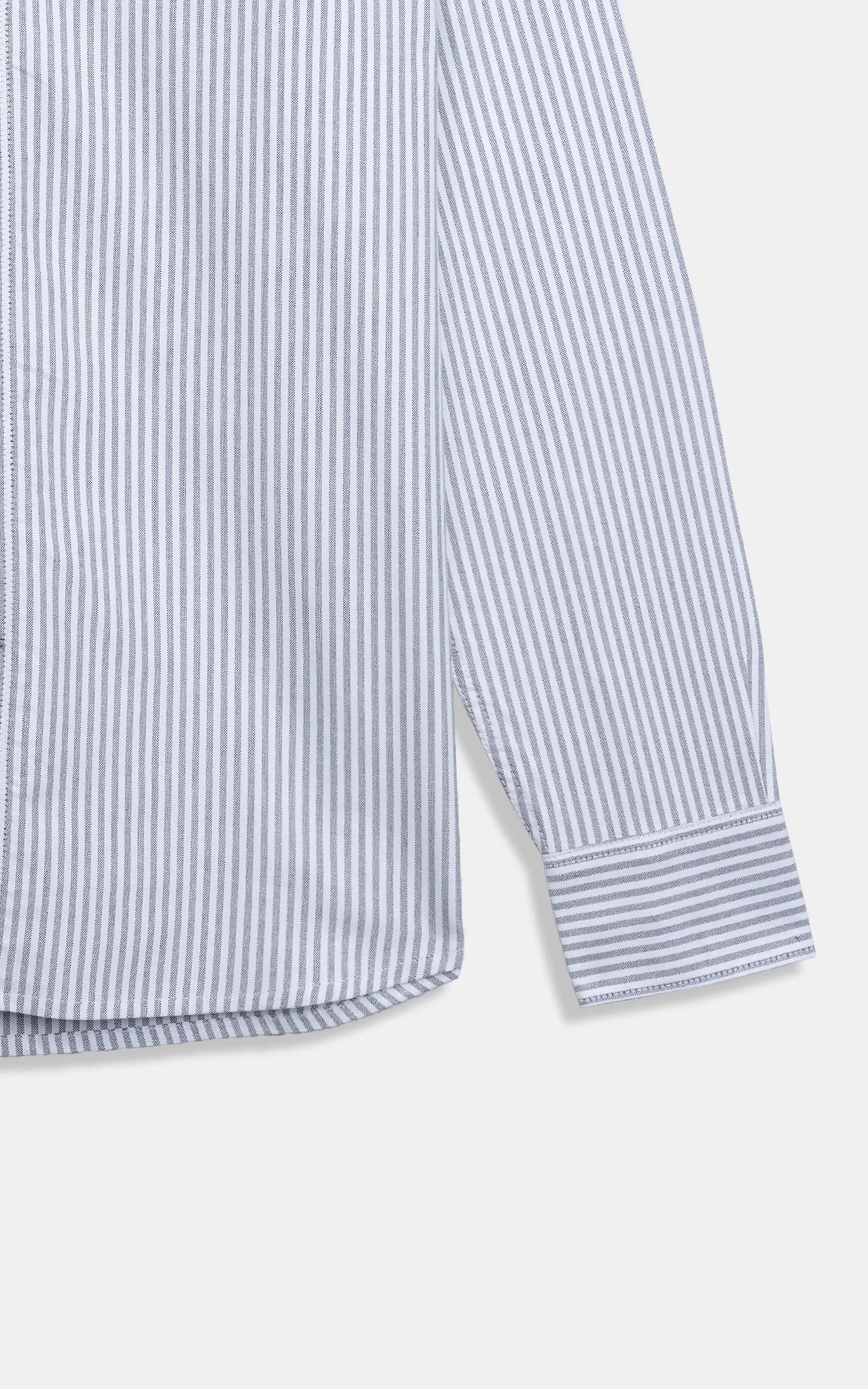 Men's button-down striped casual shirt sleeve with light blue and white vertical stripes