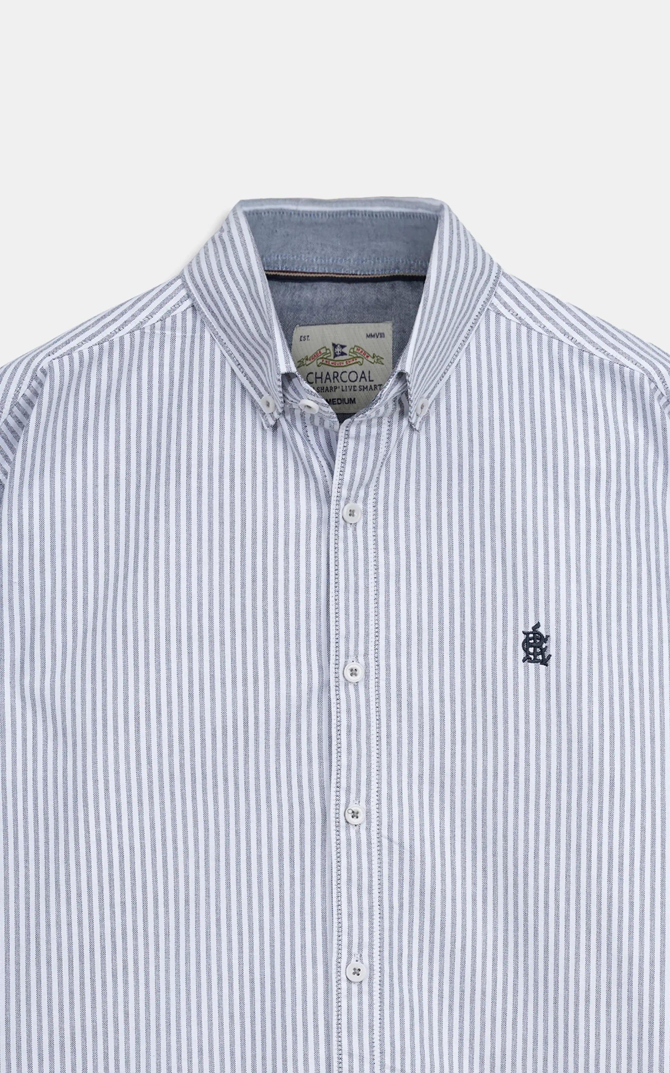 Men's button-down striped casual shirt with collar and placket, light blue and white stripes