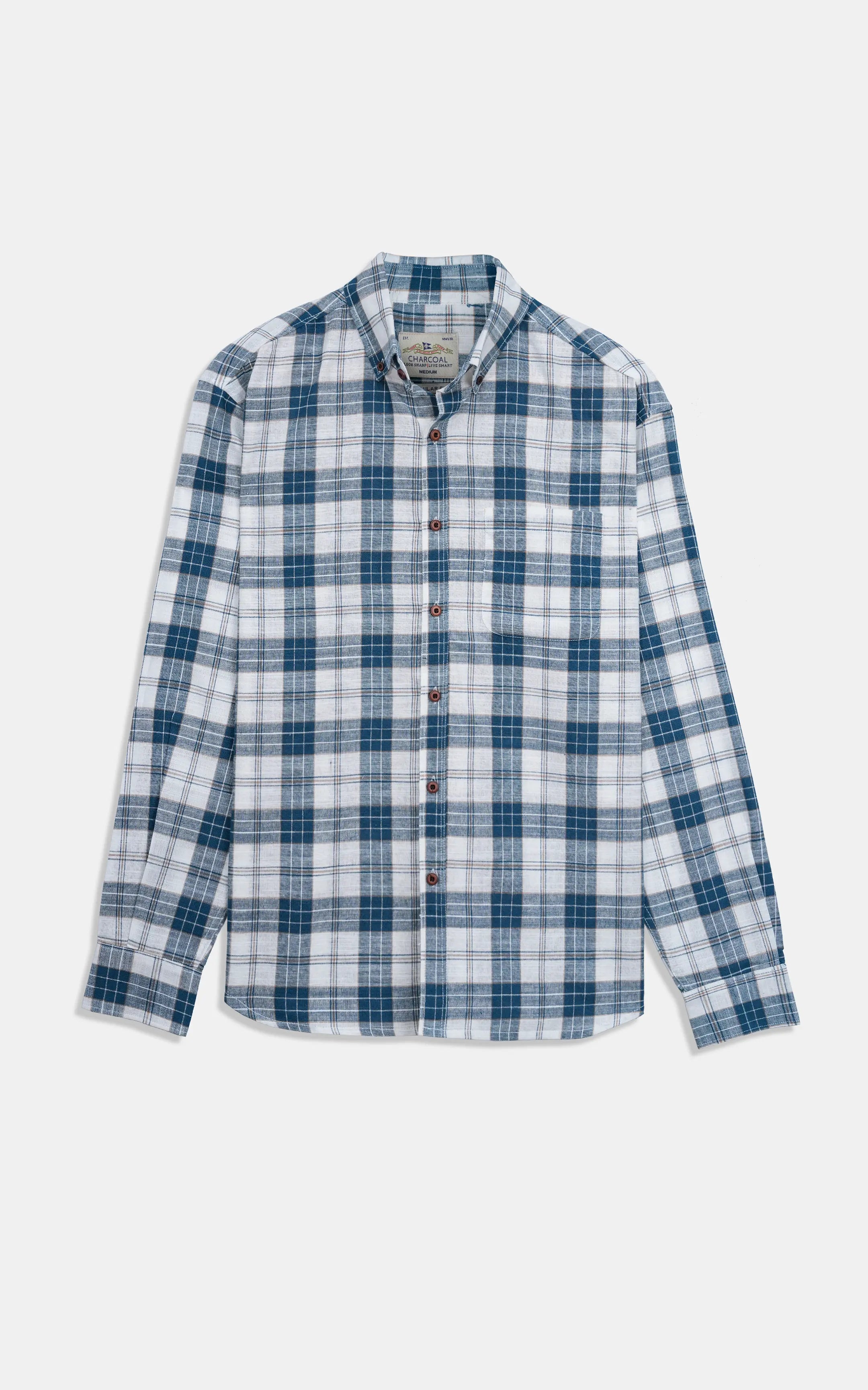 Navy and white plaid button-up casual shirt, long sleeves, full front