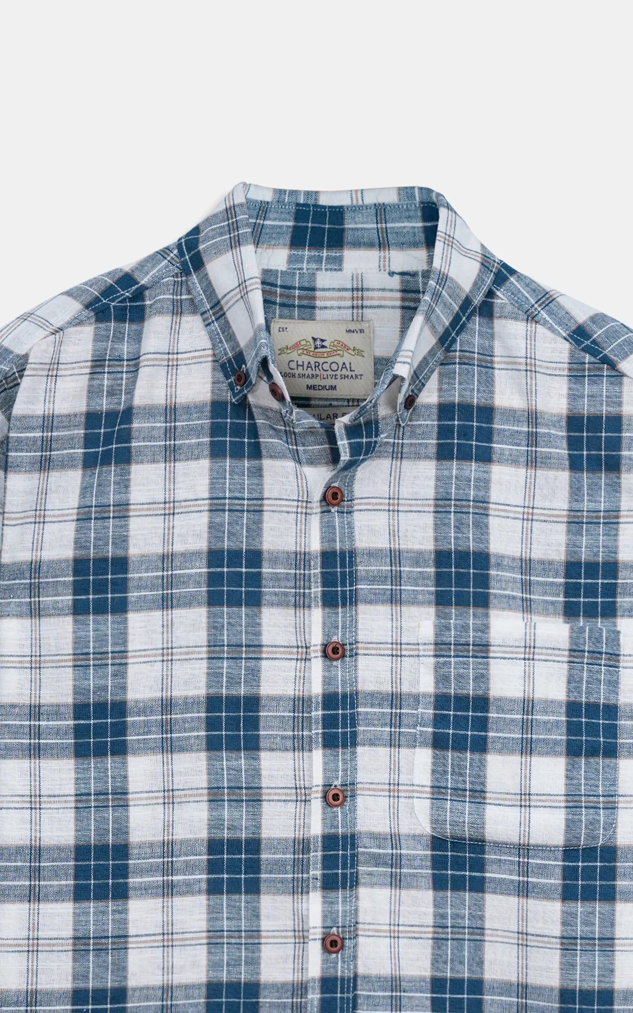 Navy and white plaid button-up shirt with collar and dark buttons
