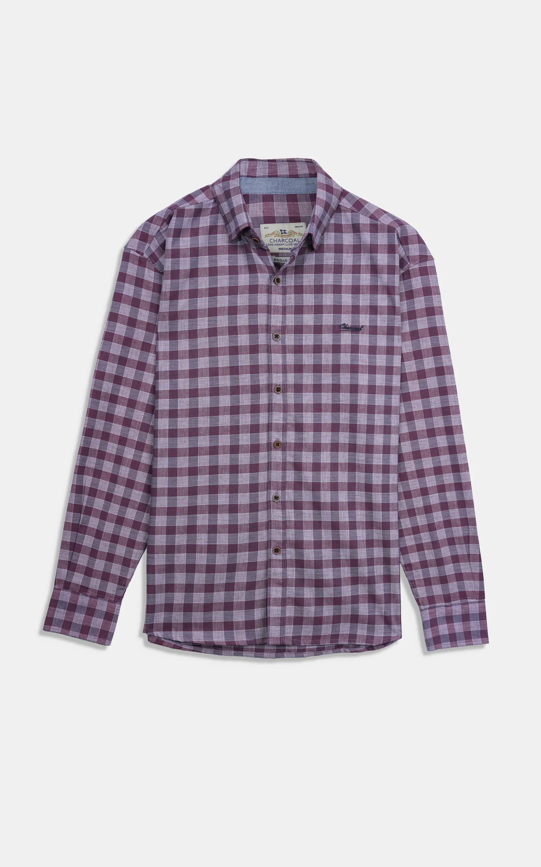 Burgundy checkered button-down casual shirt, front view