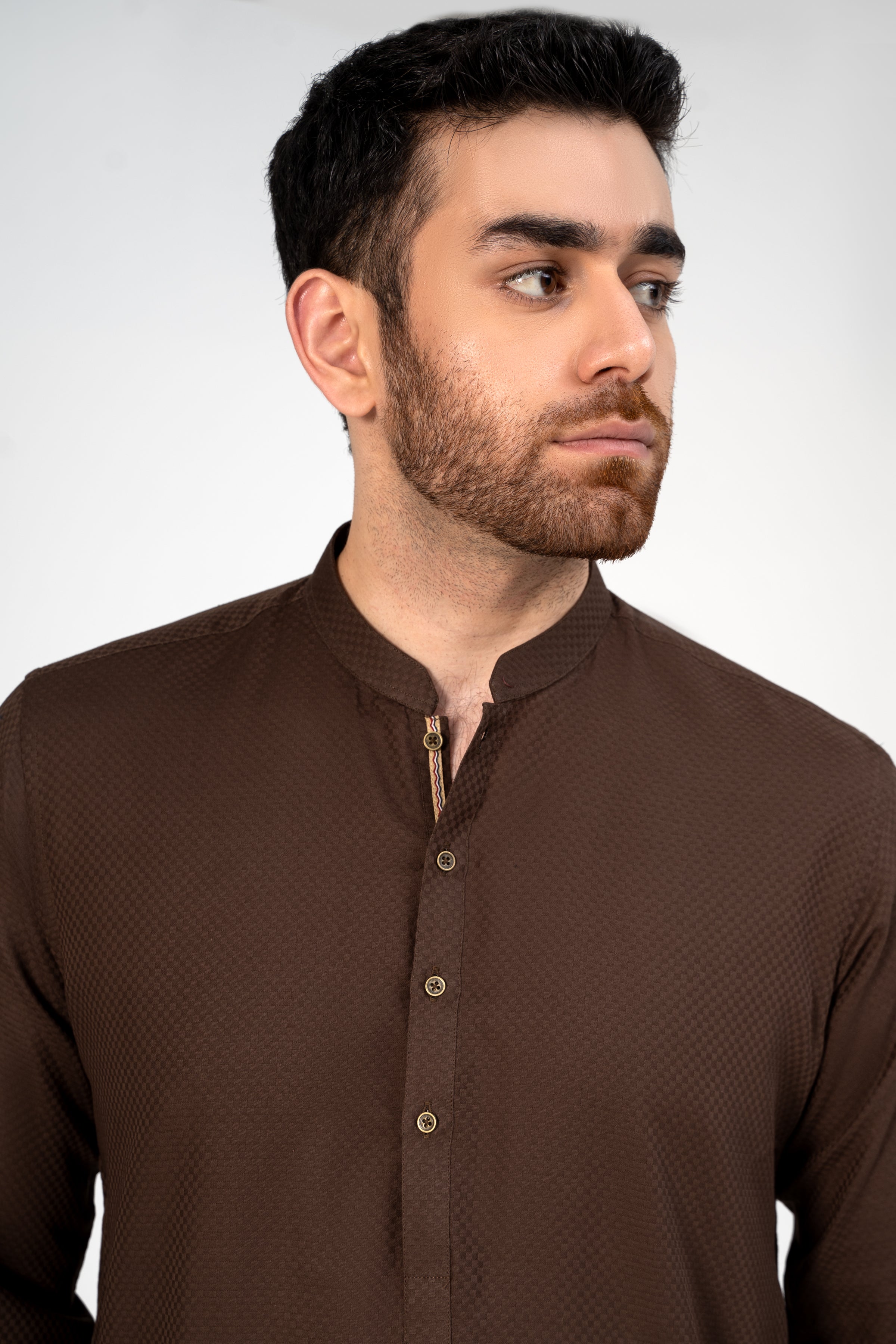 SELF DOBBY KURTA DARK BROWN