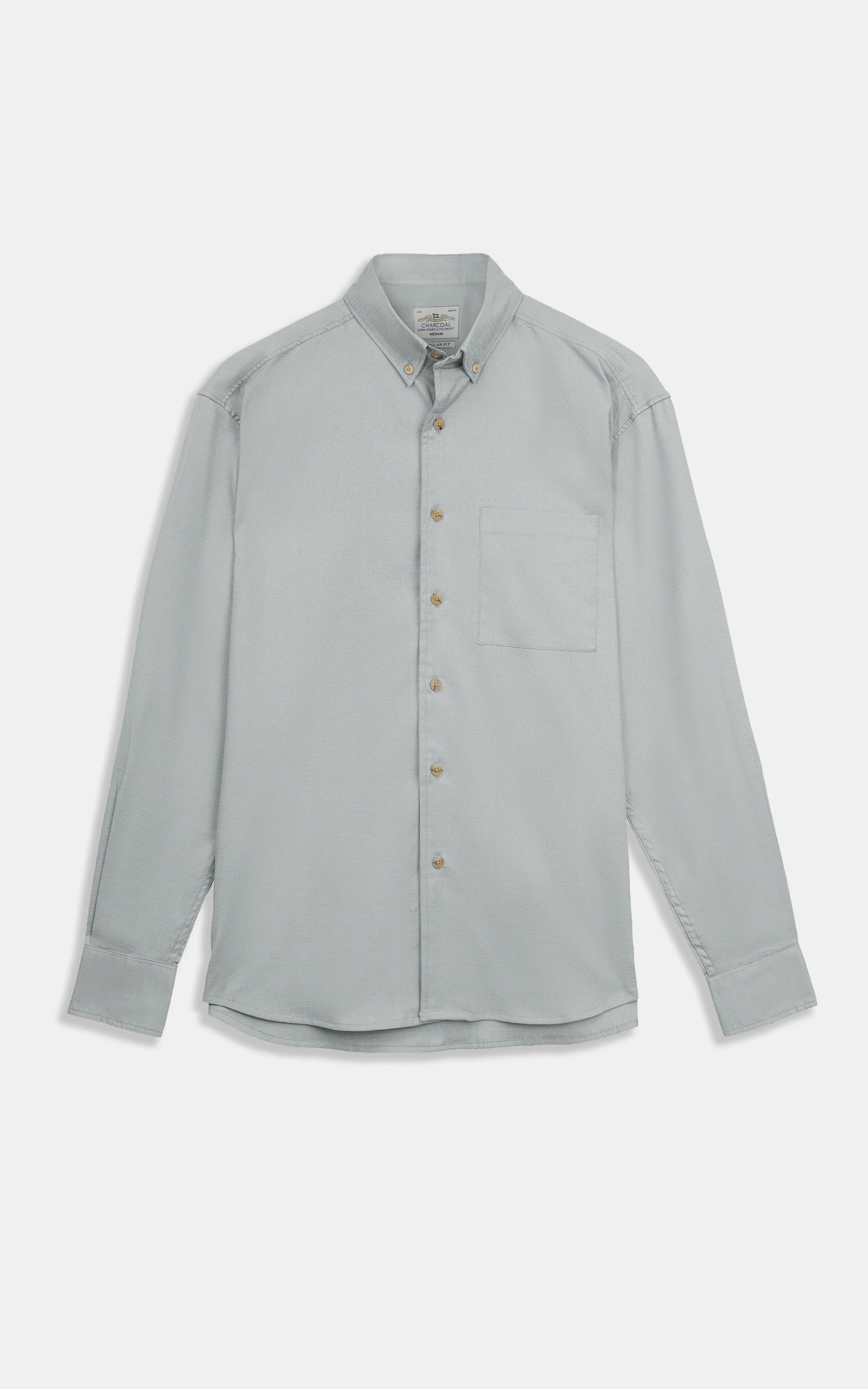 Grey button-down casual shirt flat lay with chest pocket and long sleeves.