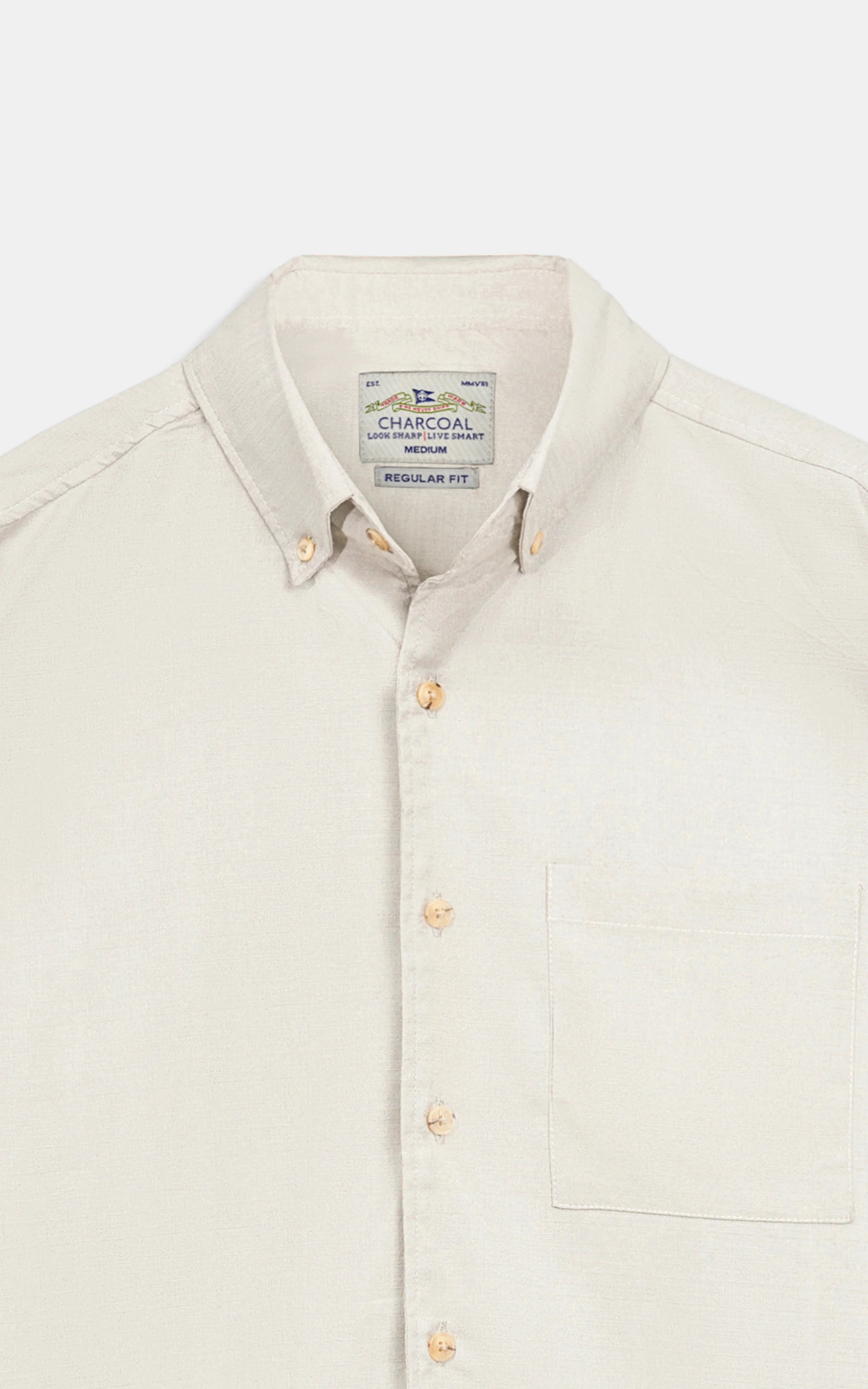 Light beige button-down casual shirt, collar and front button placket close-up