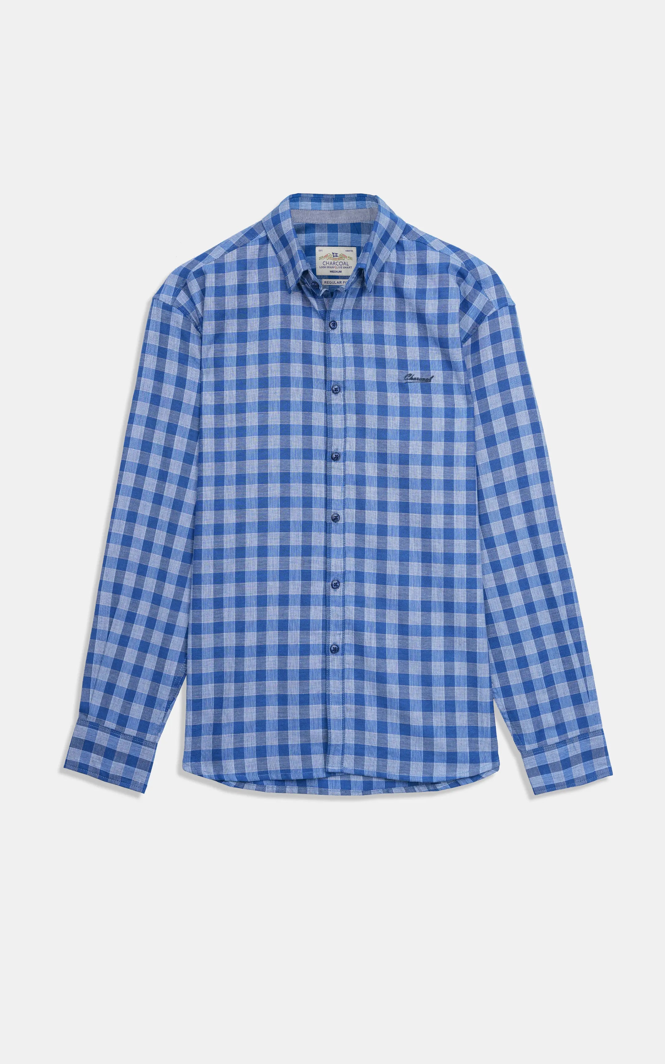 Blue and white checkered long-sleeve button-down casual shirt, front view