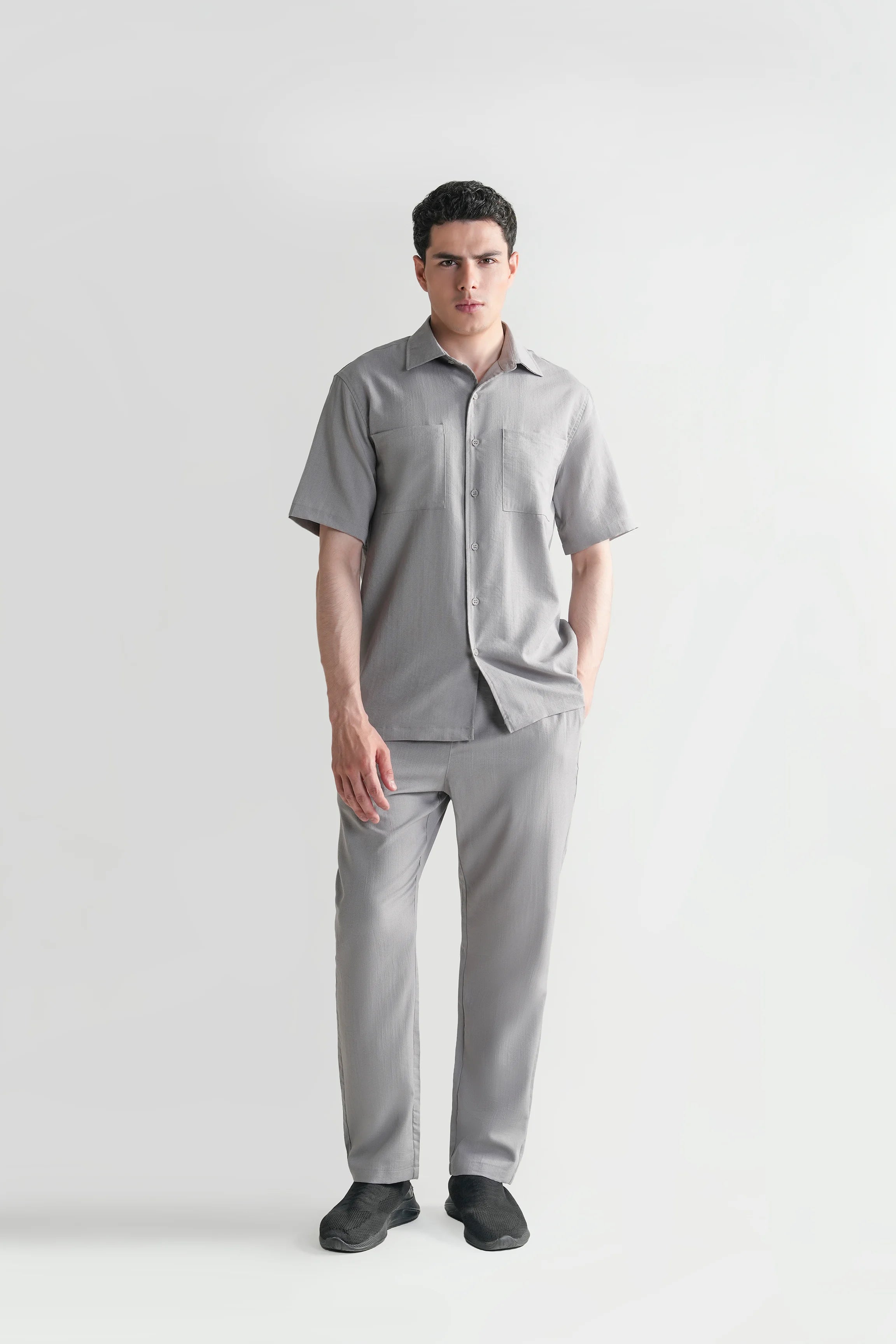 Light grey casual short-sleeve shirt with regular collar and button front