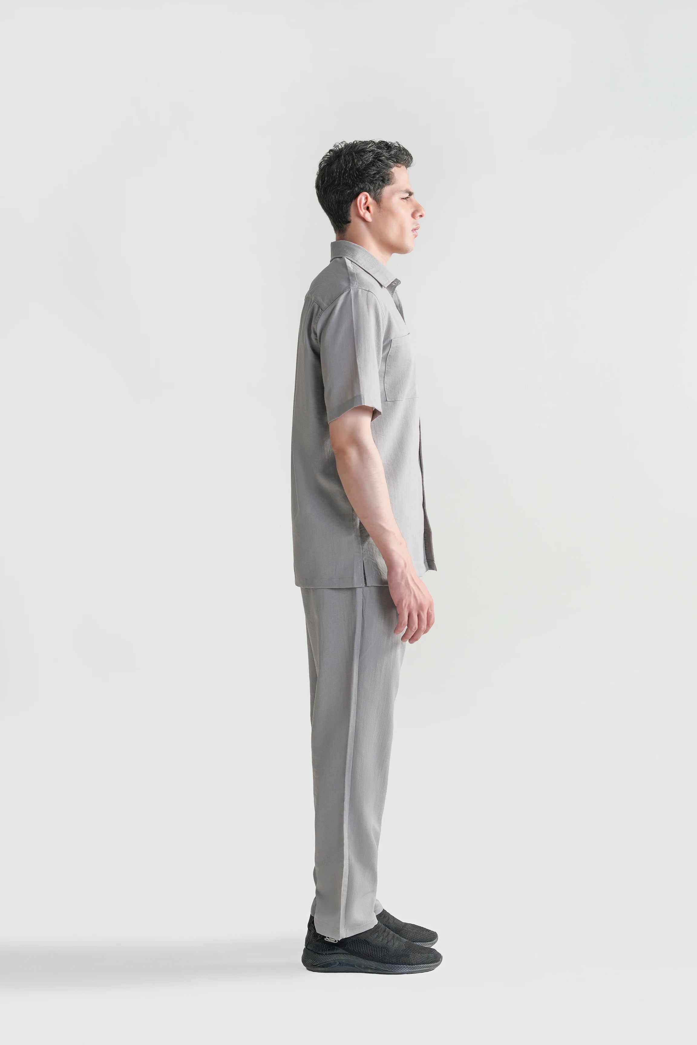 Light grey casual short-sleeve shirt with regular collar and button placket