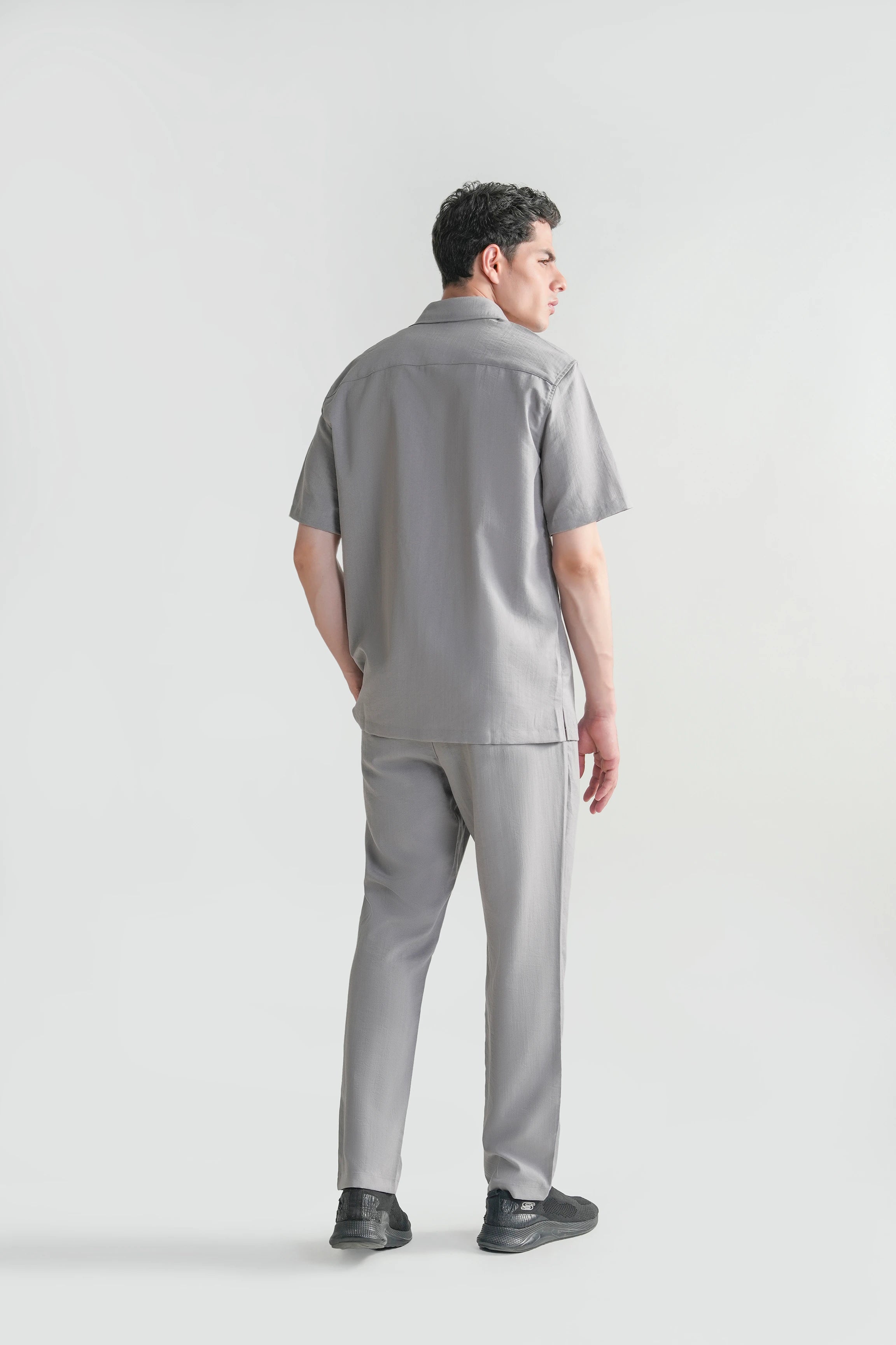 Light grey casual short-sleeve shirt with regular collar, back view