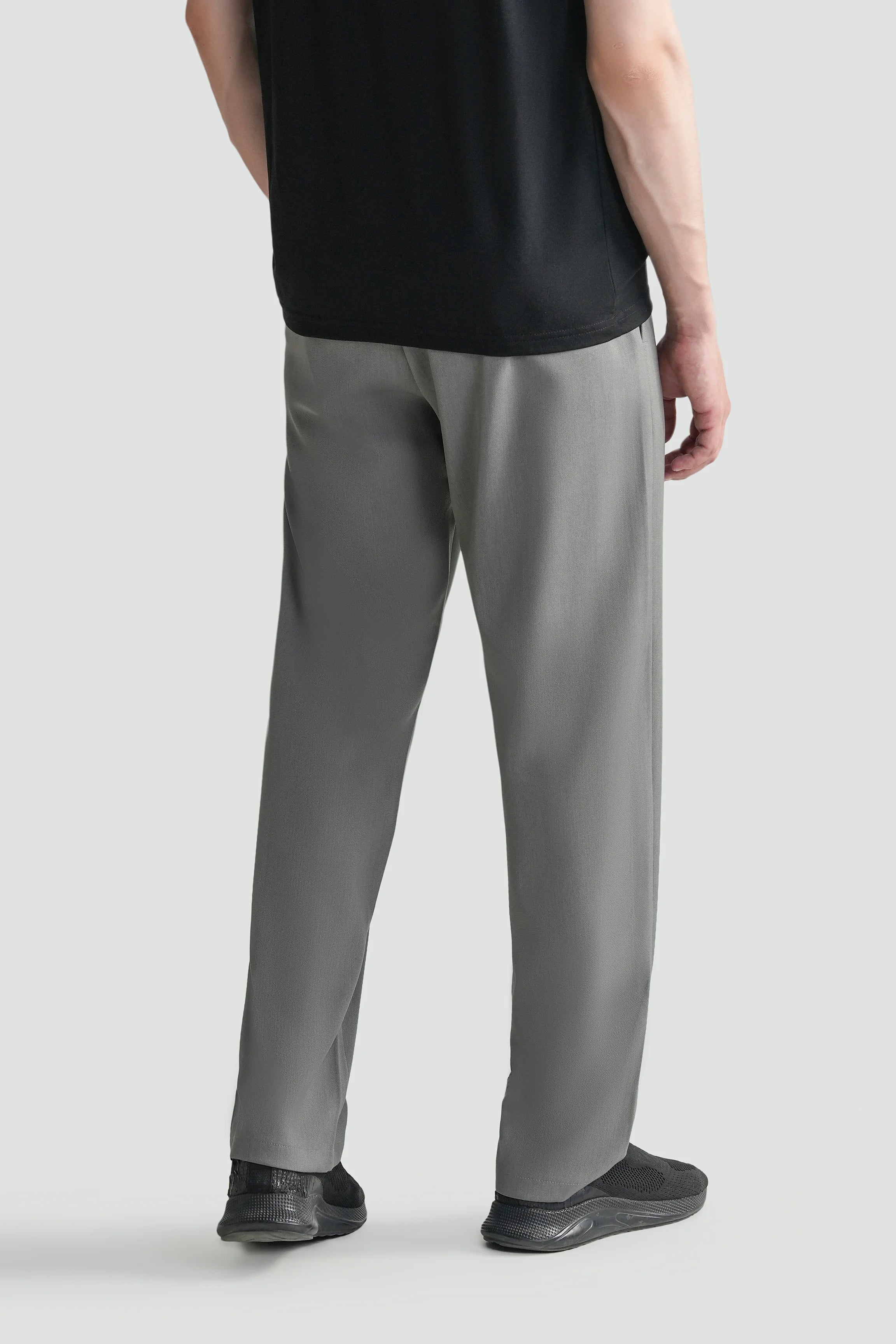 Grey straight-fit casual pants with straight leg silhouette and ankle-length hem
