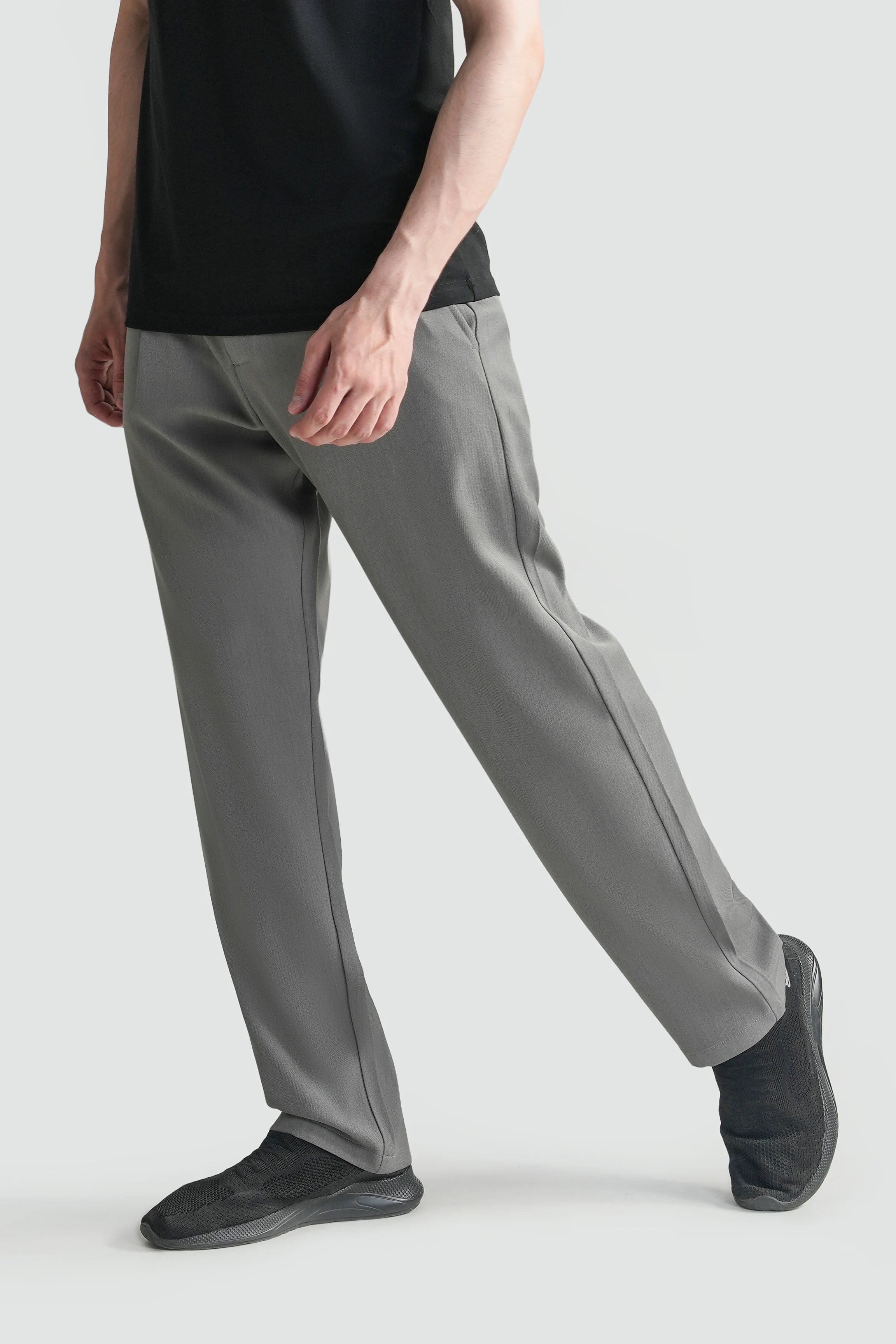 Grey straight-fit casual pants with front crease and tapered leg opening