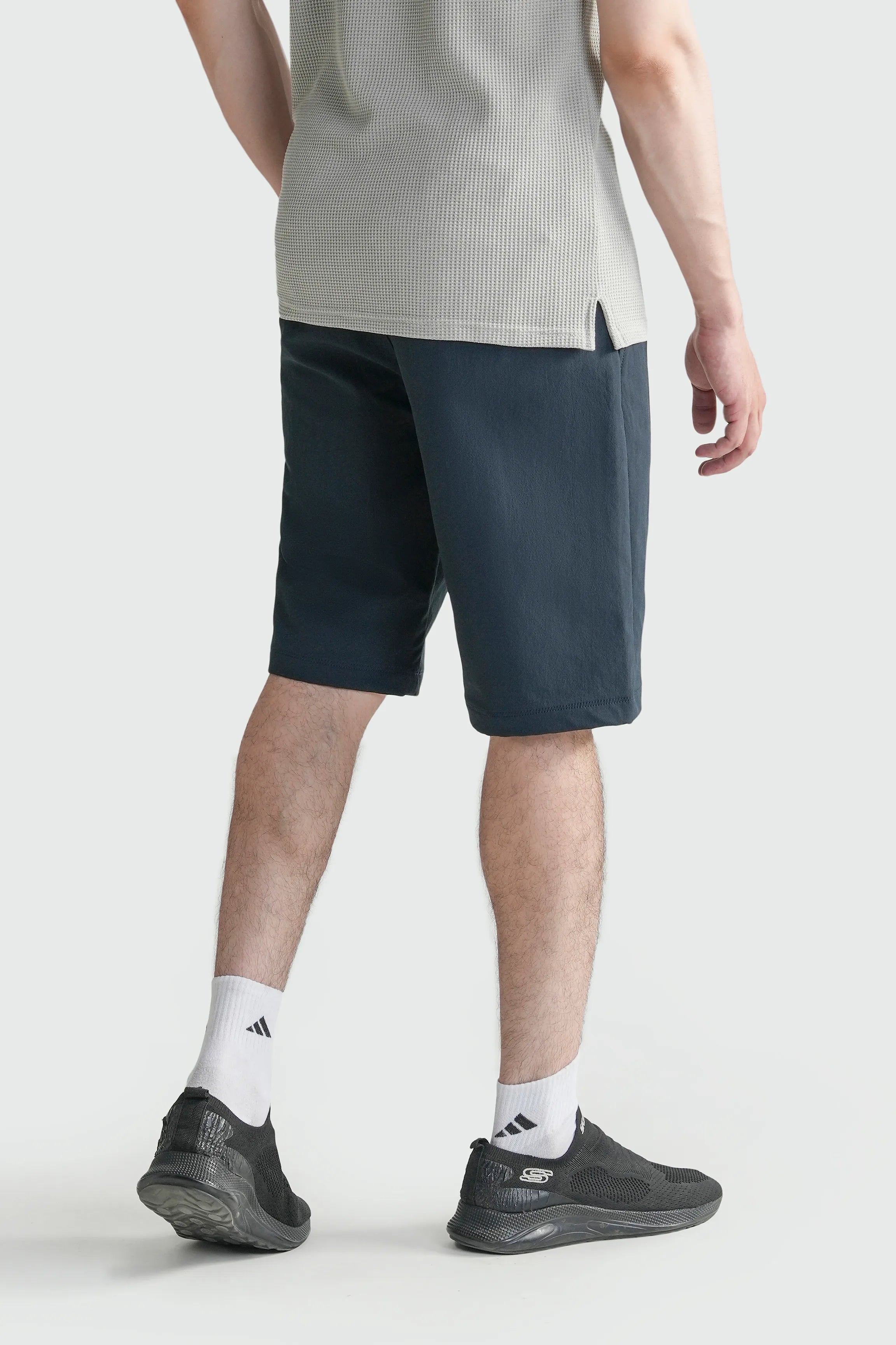 Navy regular-fit shorts, front view with drawstring waistband and side pockets