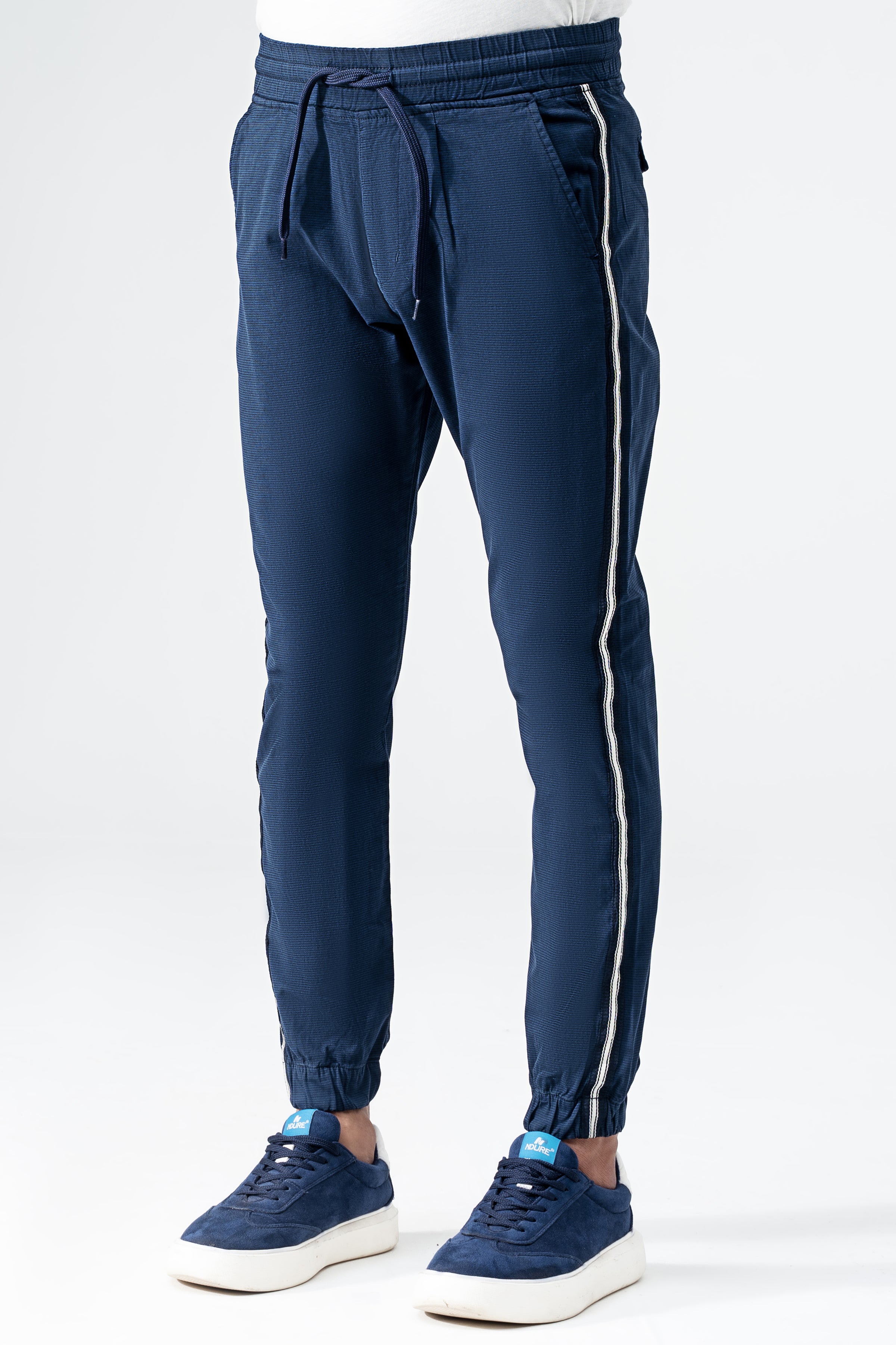 SELF TEXTURED CONTRAST TAPE TROUSER NAVY BLUE
